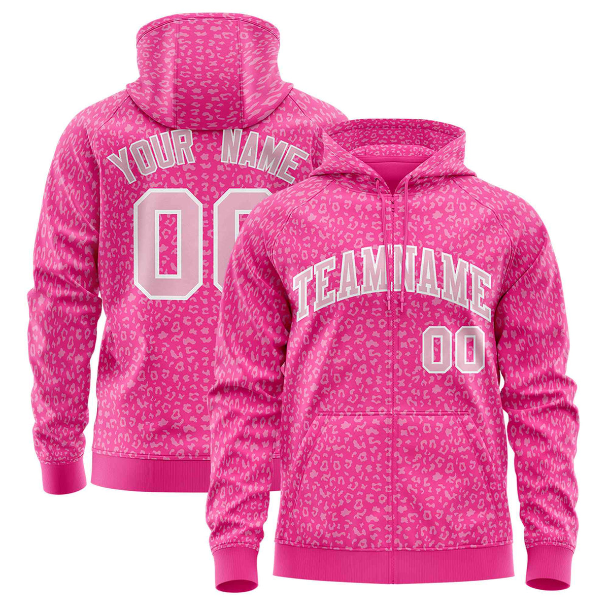 Custom Pink Light Pink Varsity Full-Zip Letterman Leopard Print Hoodie Jacket