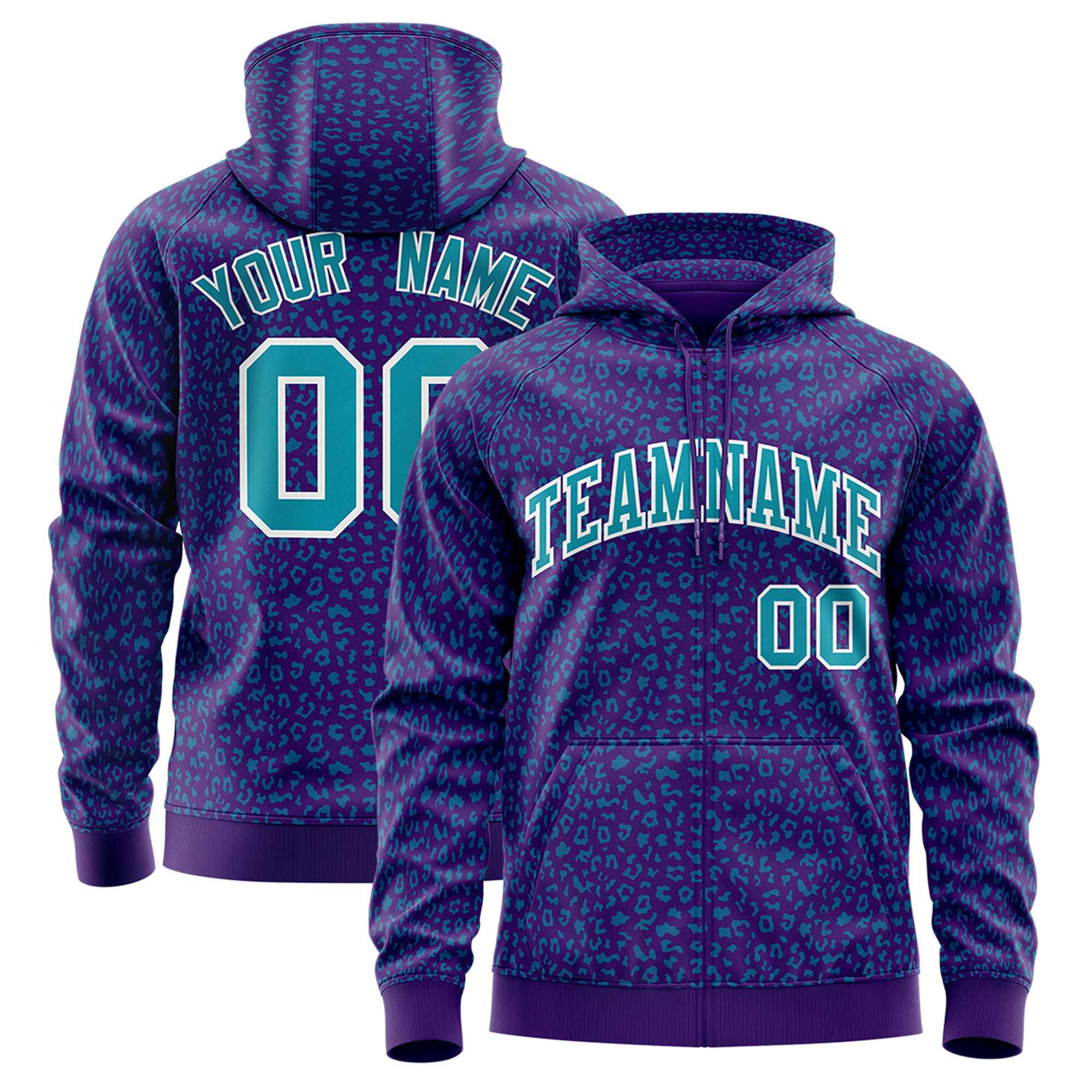 Custom Purple Aqua Varsity Full-Zip Letterman Leopard Print Hoodie Jacket