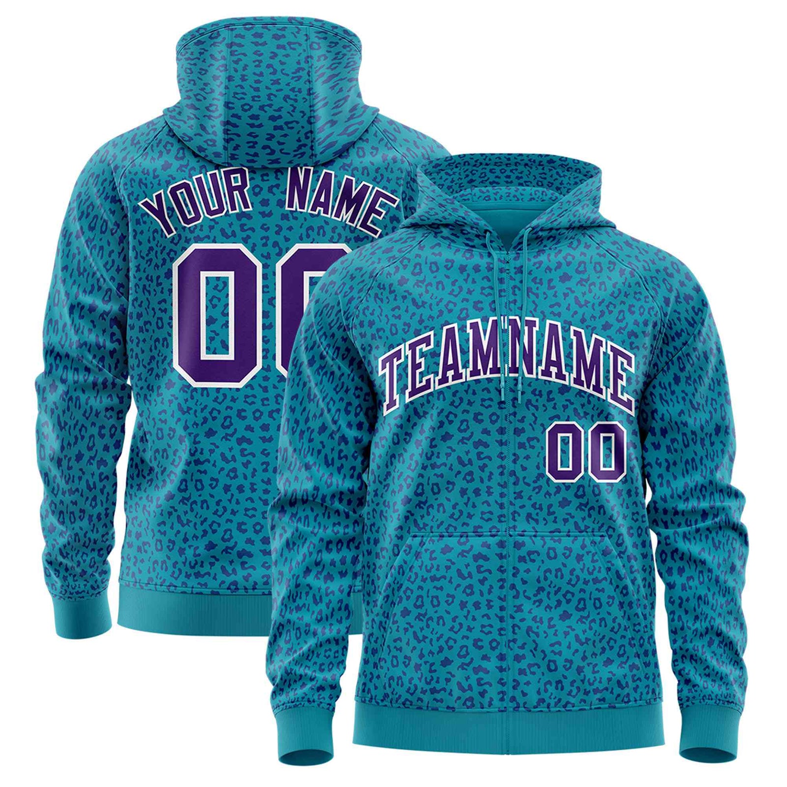 Custom Aqua Purple Varsity Full-Zip Letterman Leopard Print Hoodie Jacket