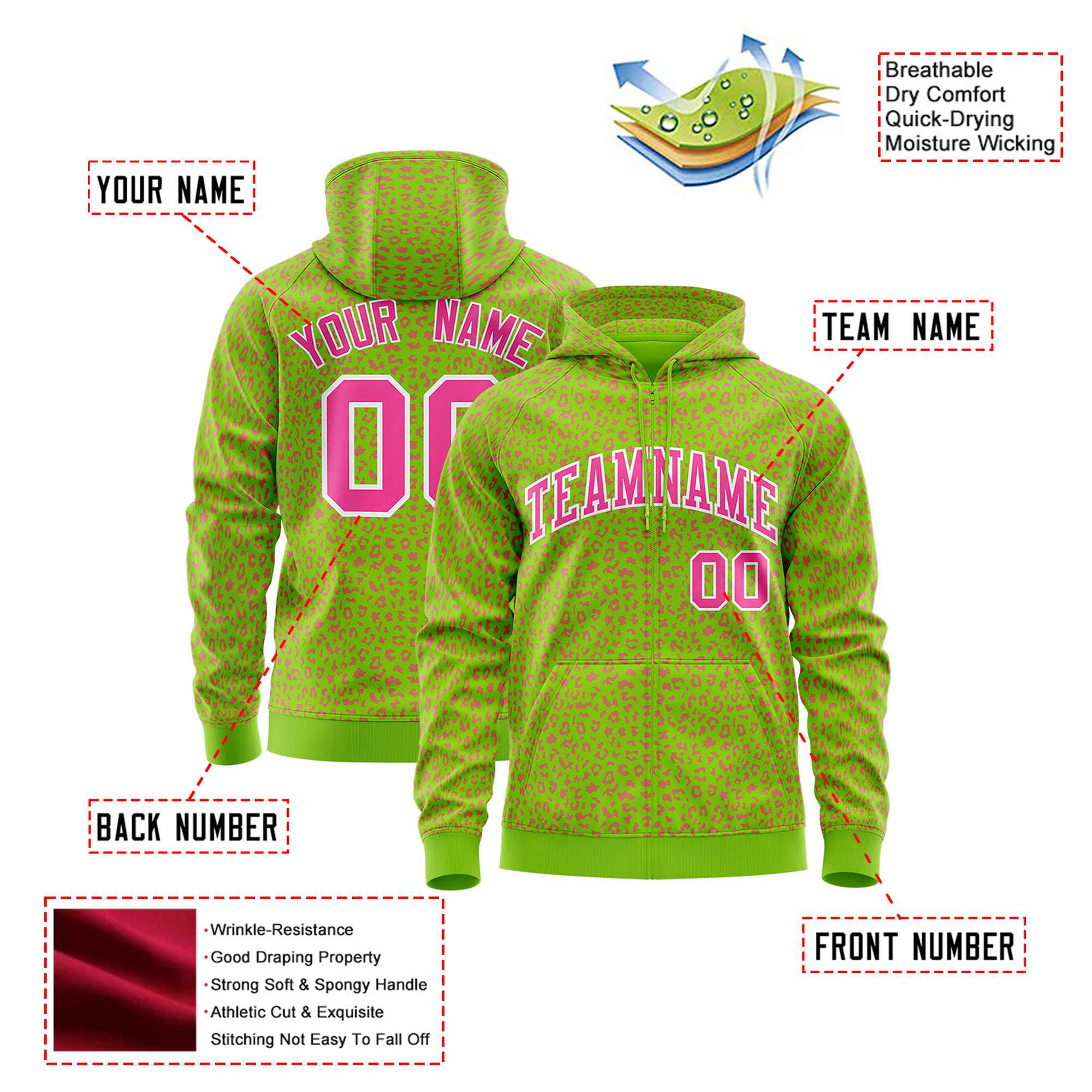 Custom Neon Green Pink Varsity Full-Zip Letterman Leopard Print Hoodie Jacket