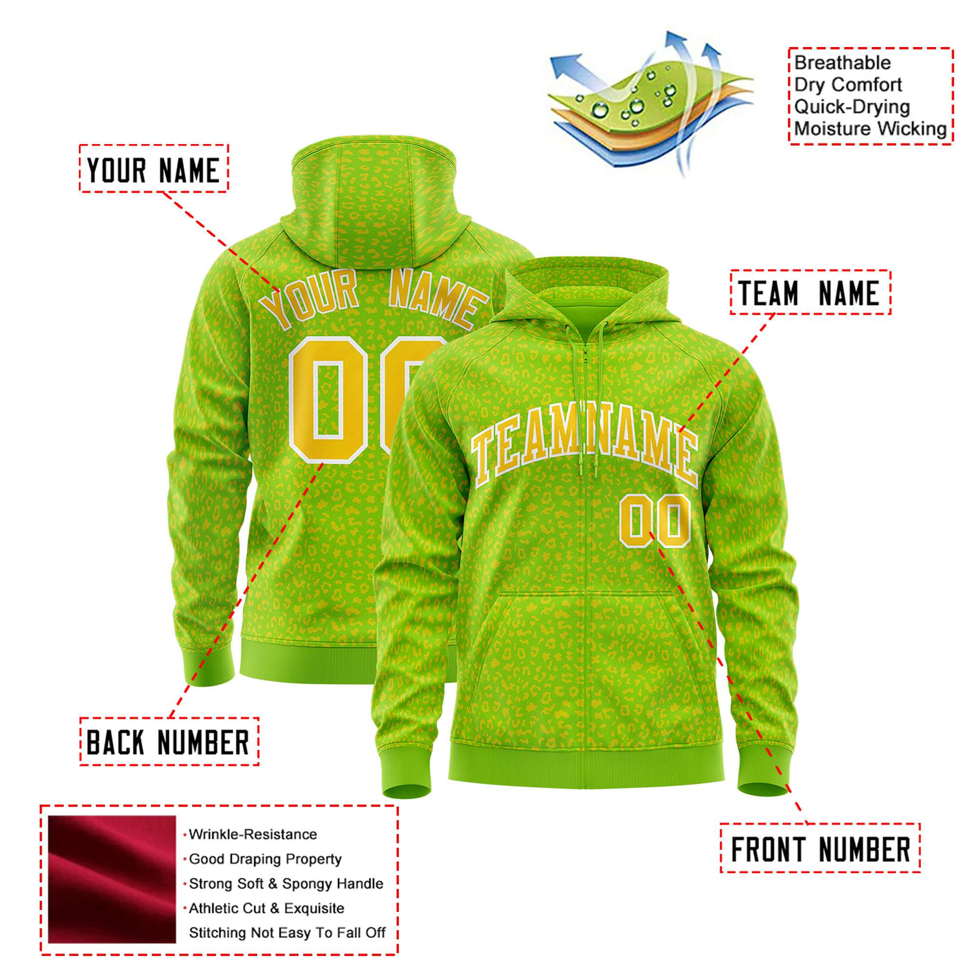 Custom Neon Green Gold Varsity Full-Zip Letterman Leopard Print Hoodie Jacket