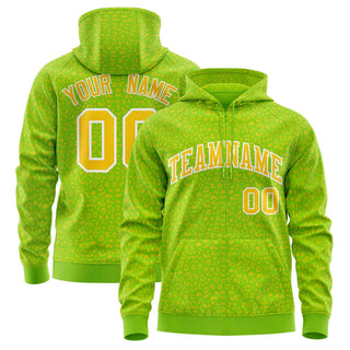 Chaqueta universitaria con capucha y estampado de leopardo Letterman, personalizada, en verde neón y dorado, con cremallera completa - Estilo 1