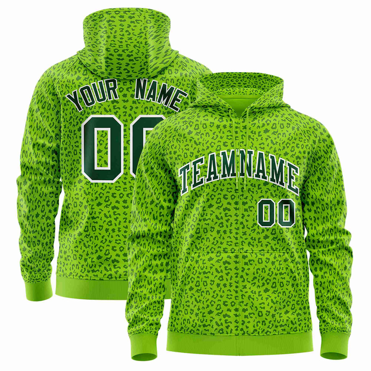 Custom Neon Green Green Varsity Full-Zip Letterman Leopard Print Hoodie Jacket