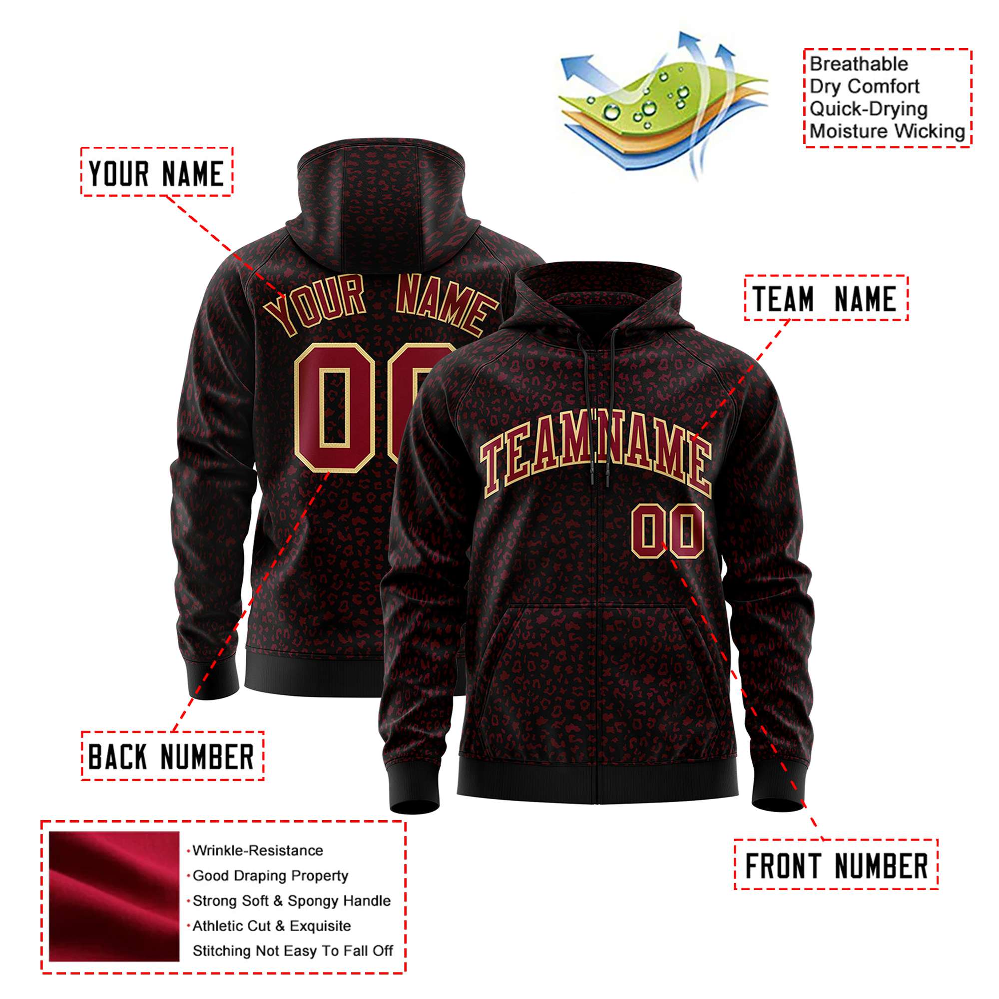 Custom Black Crimson Varsity Full-Zip Letterman Leopard Print Hoodie Jacket