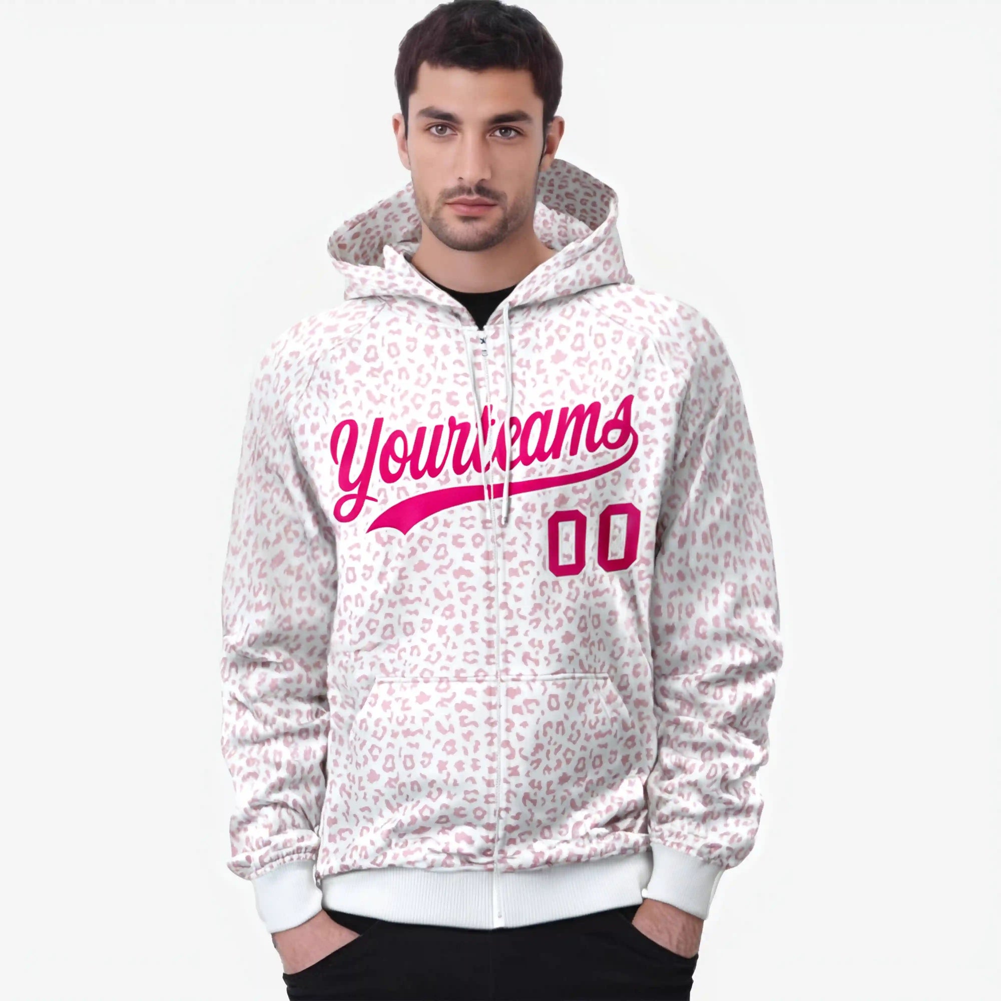 Custom White Pink Varsity Full-Zip Letterman Leopard Print Hoodie Jacket