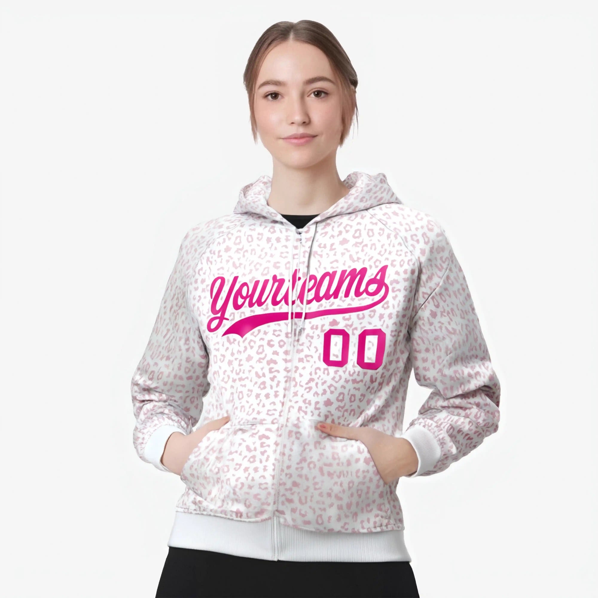 Custom White Pink Varsity Full-Zip Letterman Leopard Print Hoodie Jacket