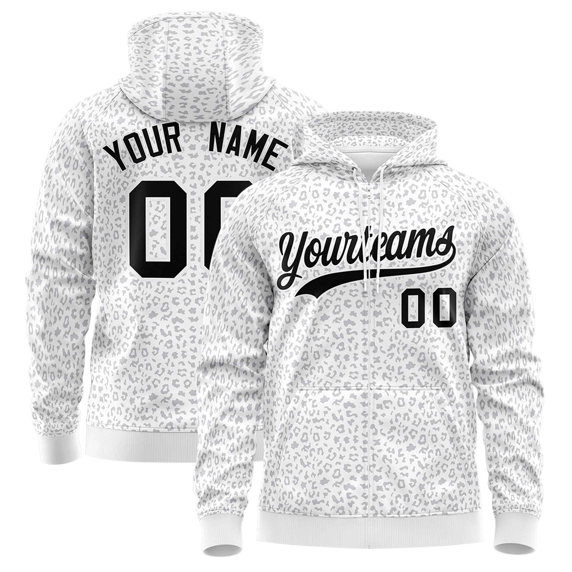 Custom White Gray Varsity Full-Zip Letterman Leopard Print Hoodie Jacket