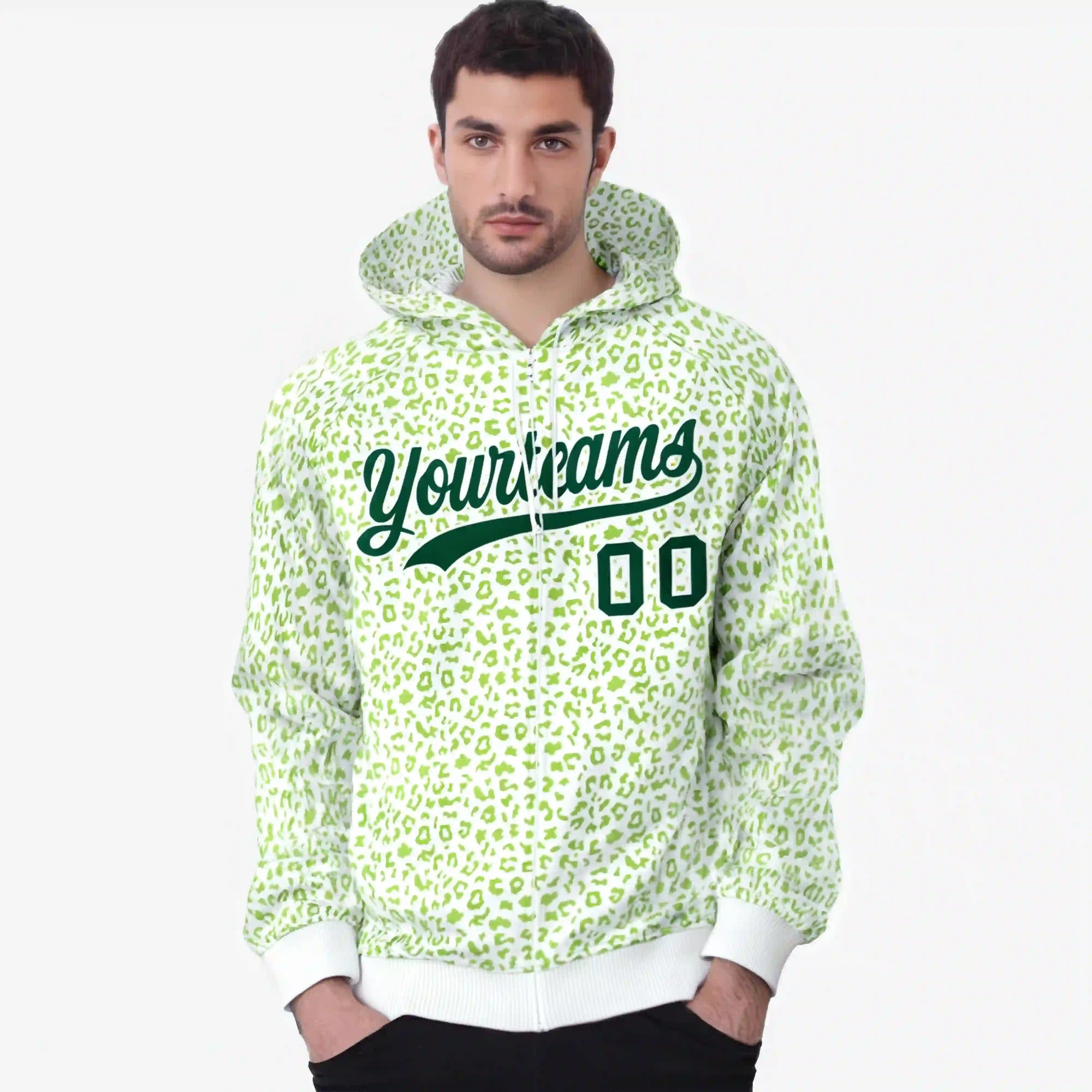 Custom White Neon Green Varsity Full-Zip Letterman Leopard Print Hoodie Jacket