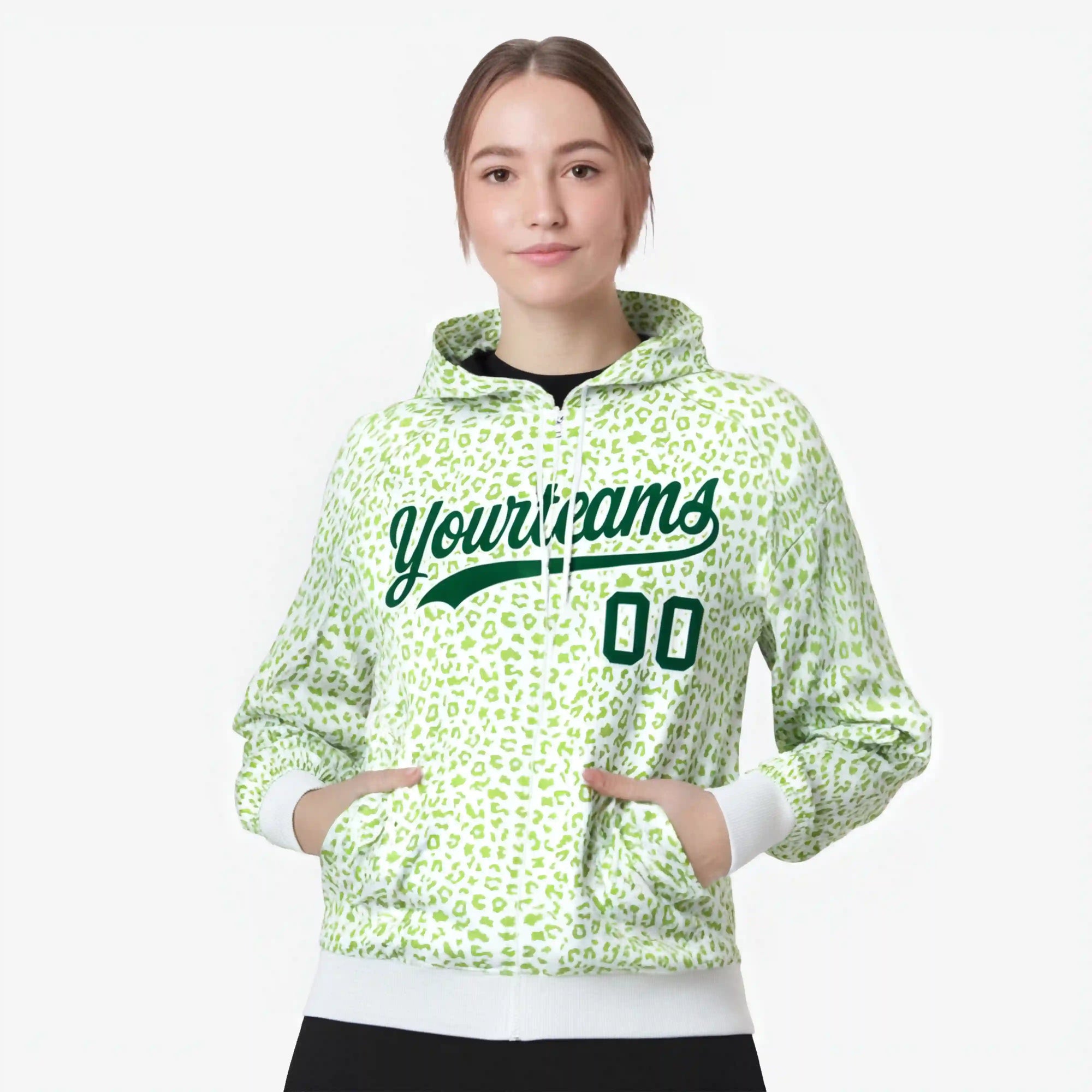 Custom White Neon Green Varsity Full-Zip Letterman Leopard Print Hoodie Jacket