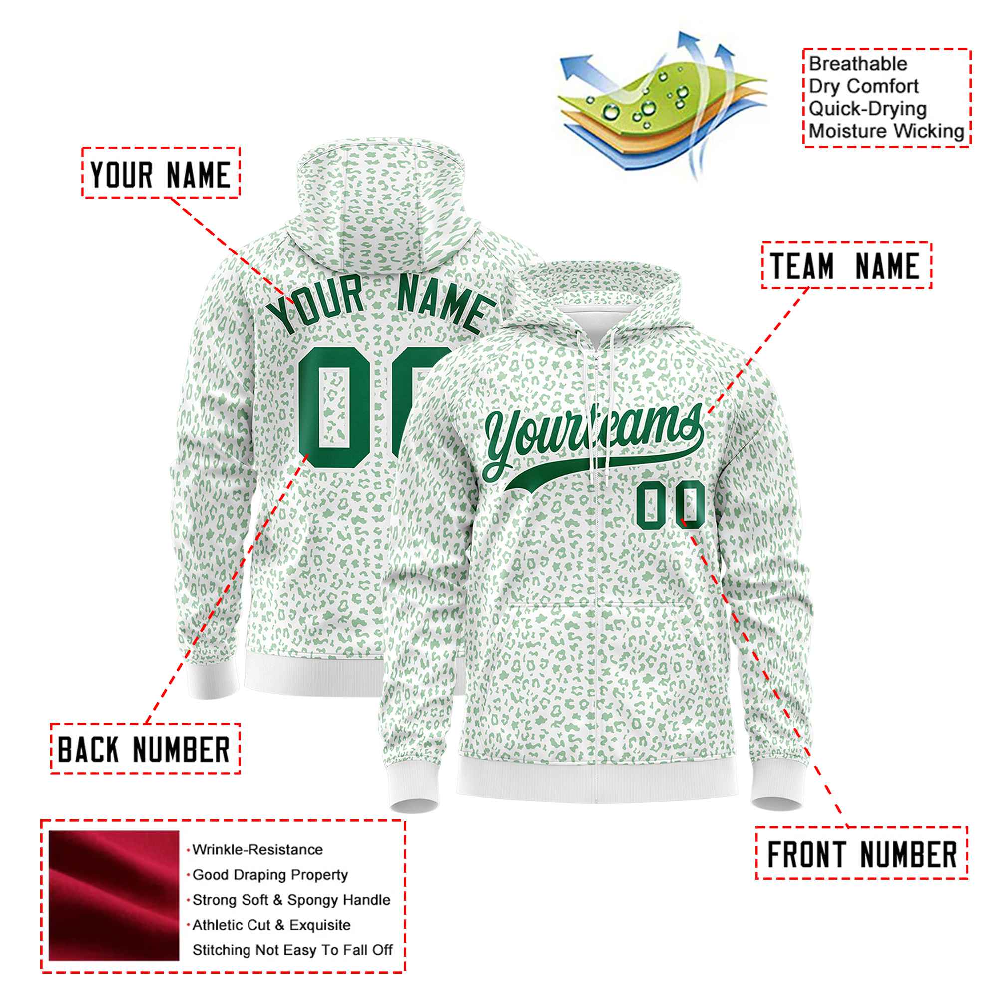 Custom White Kelly Green Varsity Full-Zip Letterman Leopard Print Hoodie Jacket