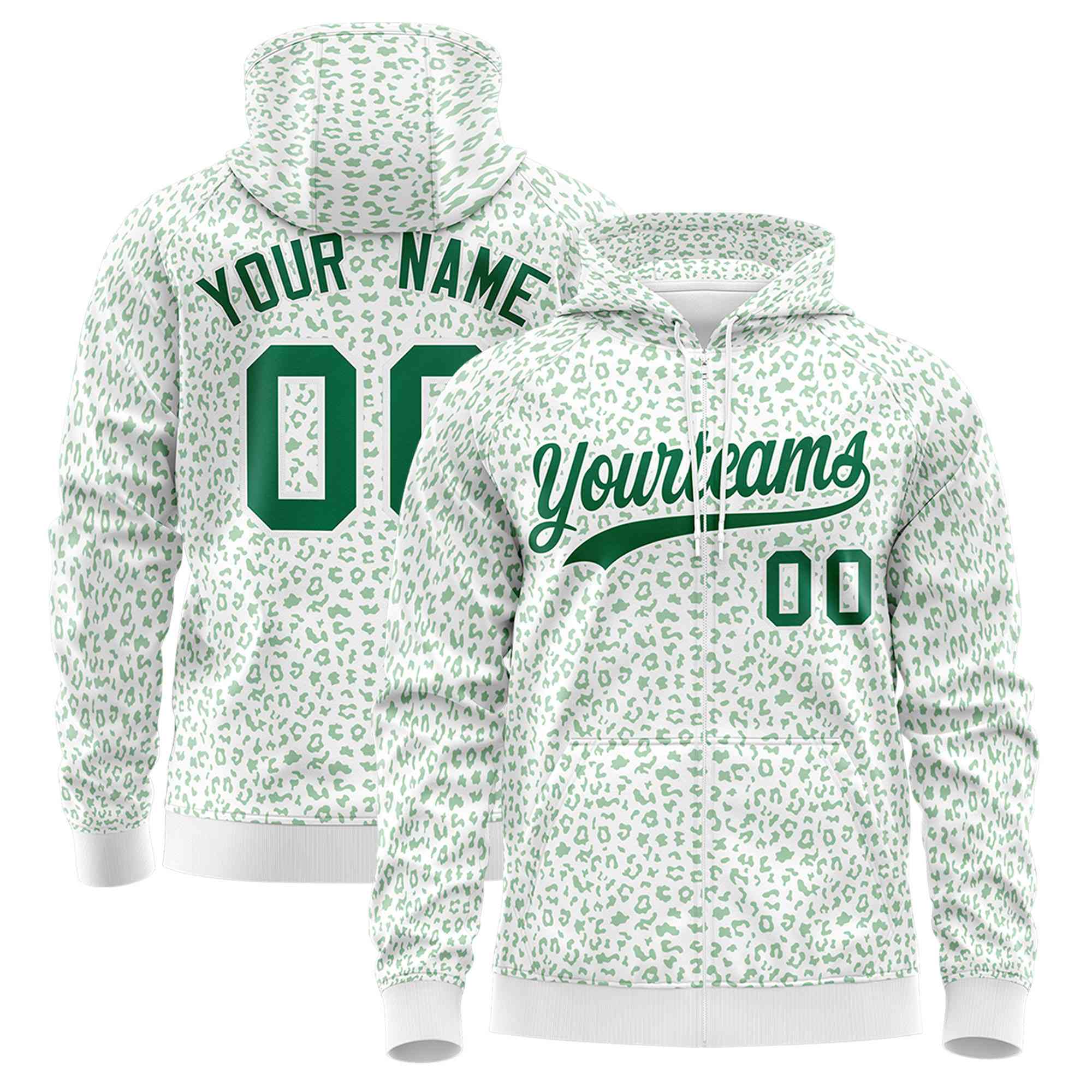 Custom White Kelly Green Varsity Full-Zip Letterman Leopard Print Hoodie Jacket