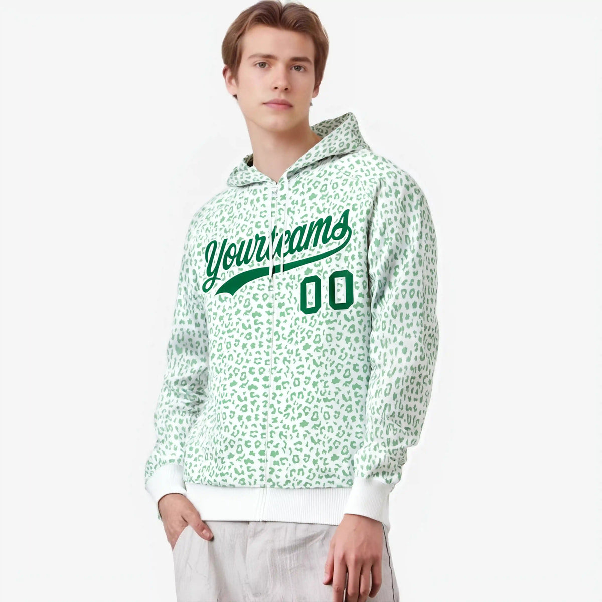 Custom White Kelly Green Varsity Full-Zip Letterman Leopard Print Hoodie Jacket