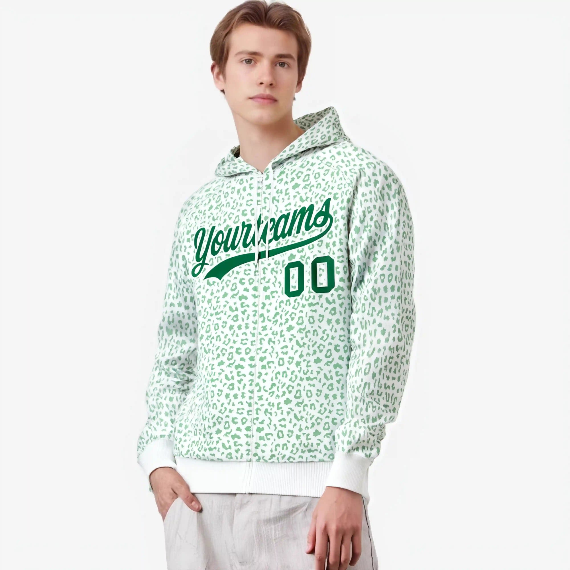 Custom White Kelly Green Varsity Full-Zip Letterman Leopard Print Hoodie Jacket