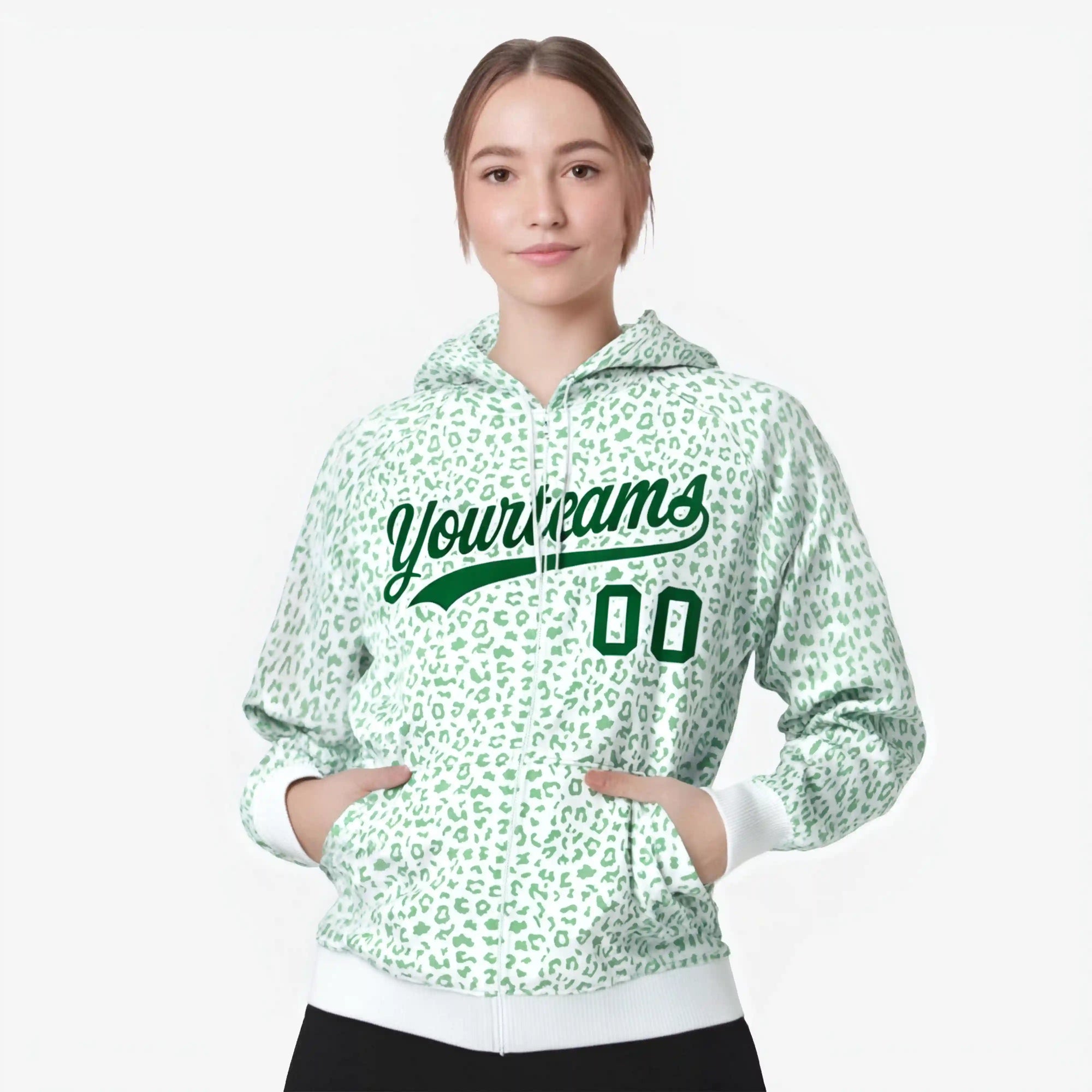 Custom White Kelly Green Varsity Full-Zip Letterman Leopard Print Hoodie Jacket