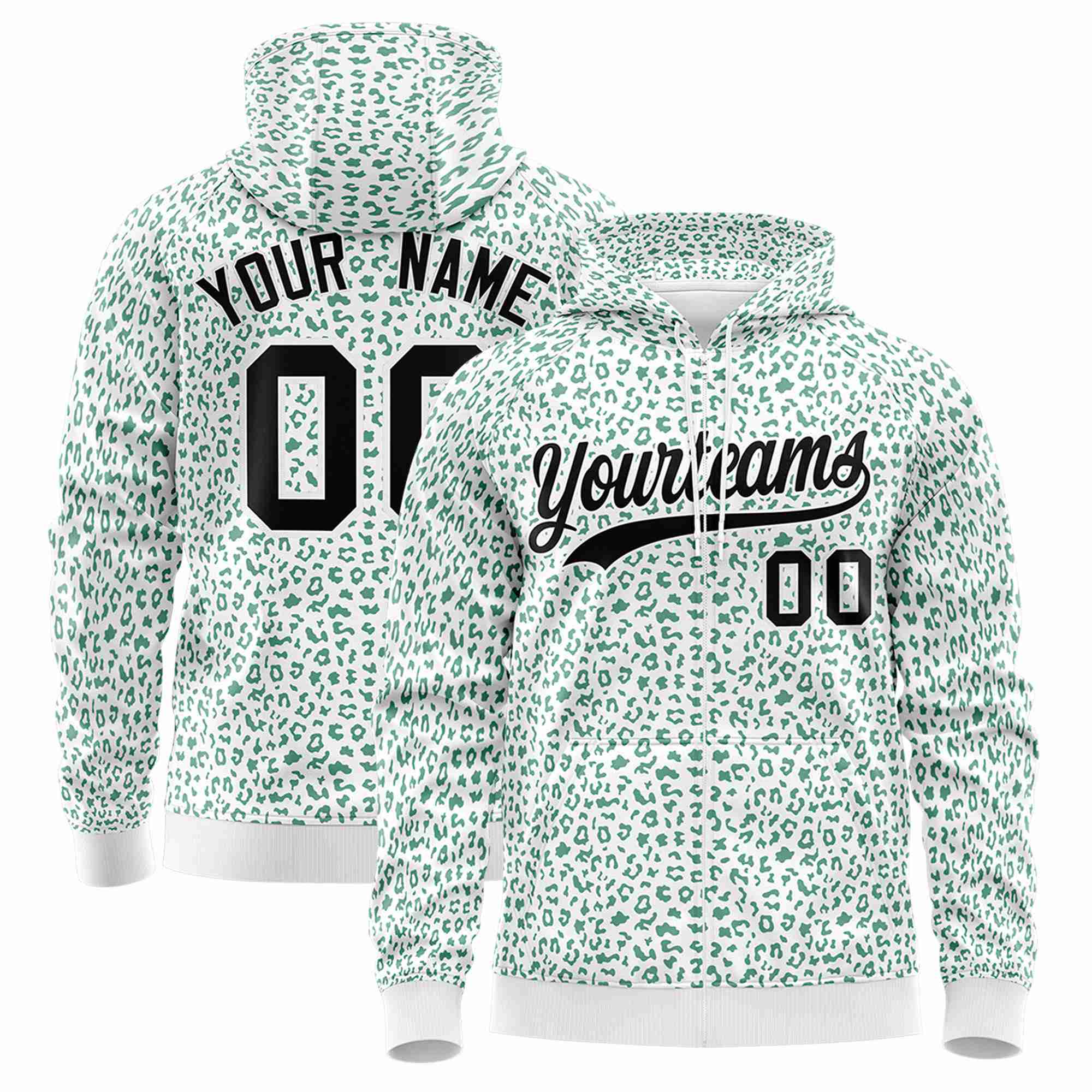 Custom White Green Varsity Full-Zip Letterman Leopard Print Hoodie Jacket