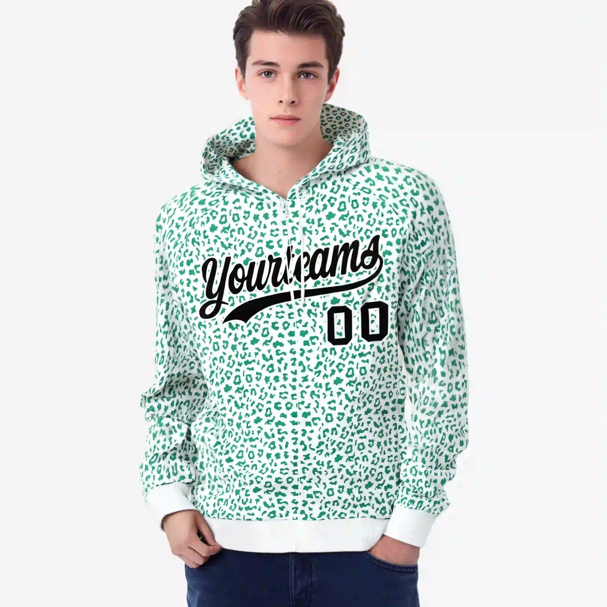 Custom White Green Varsity Full-Zip Letterman Leopard Print Hoodie Jacket