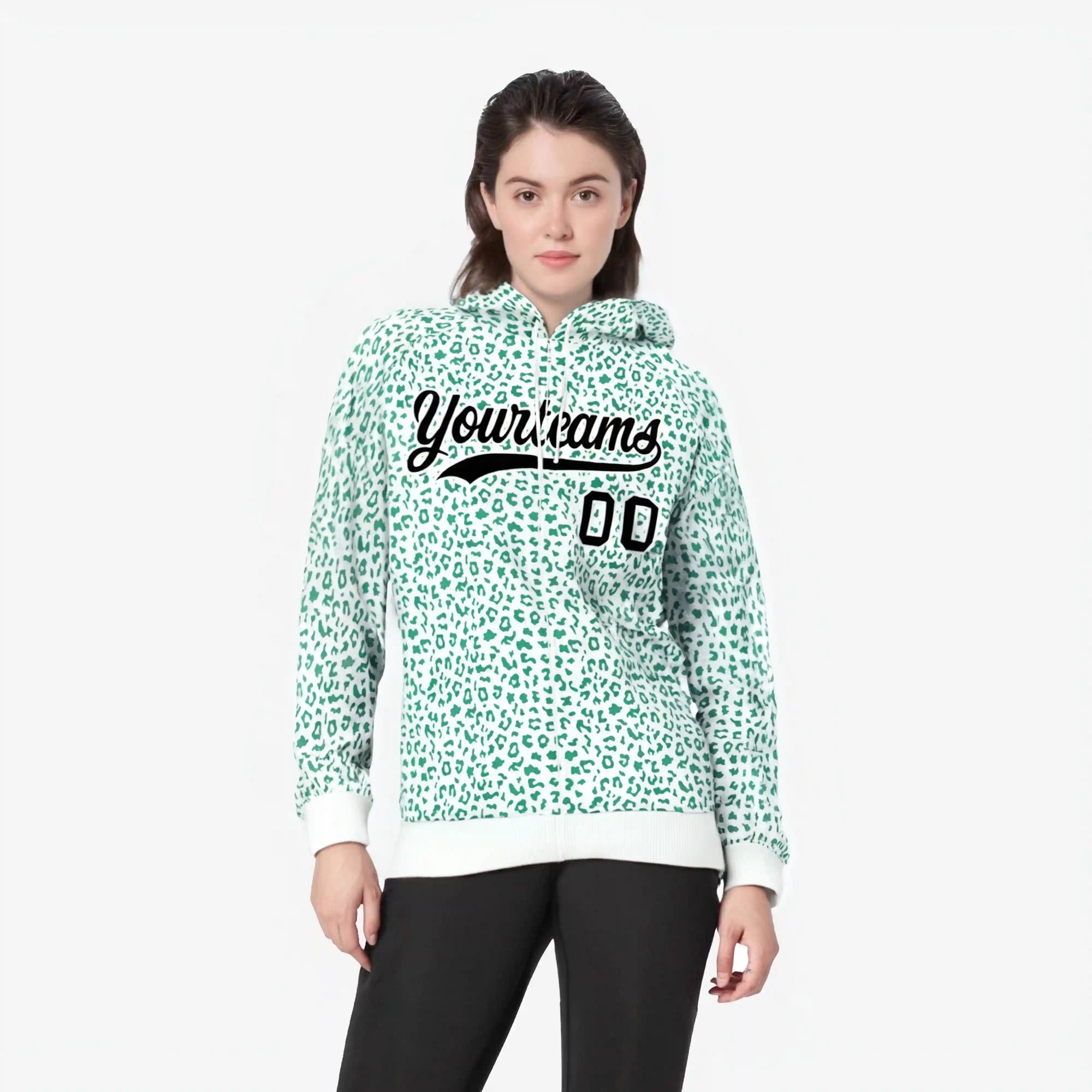 Custom White Green Varsity Full-Zip Letterman Leopard Print Hoodie Jacket