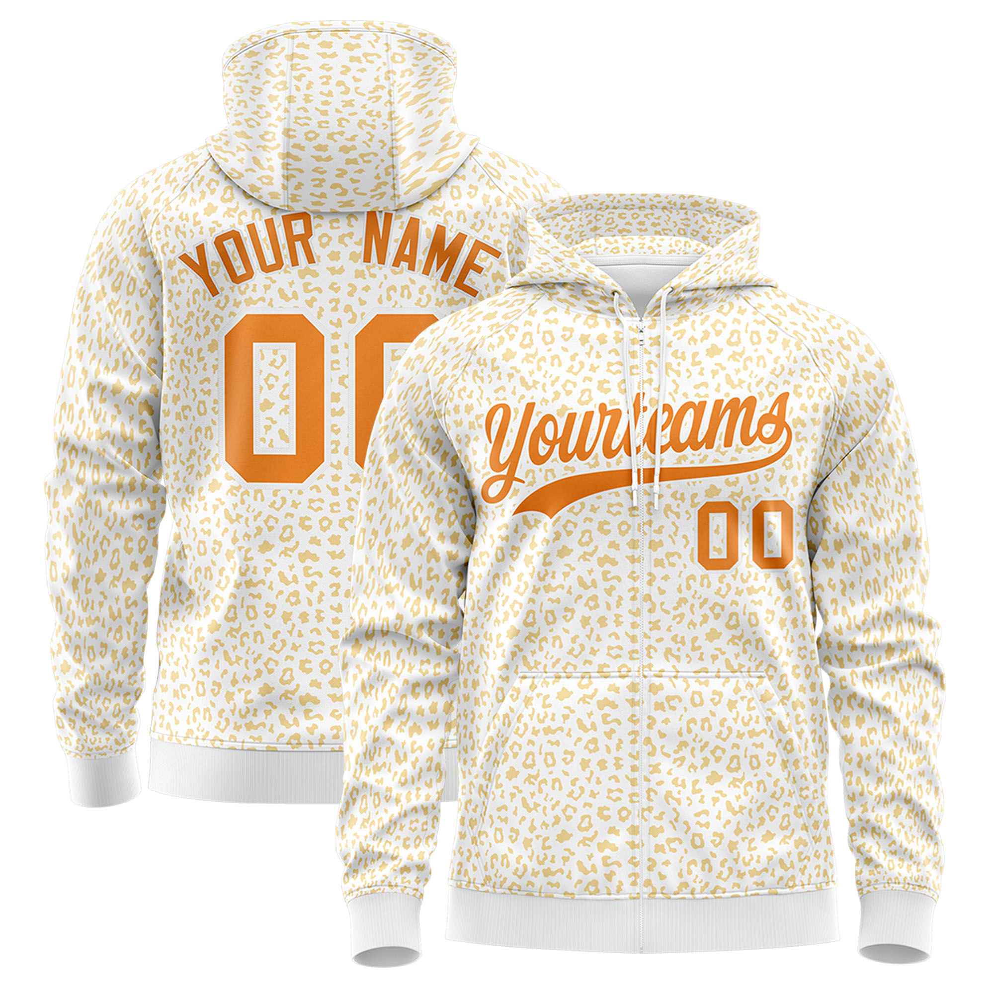 Custom White Yellow Varsity Full-Zip Letterman Leopard Print Hoodie Jacket