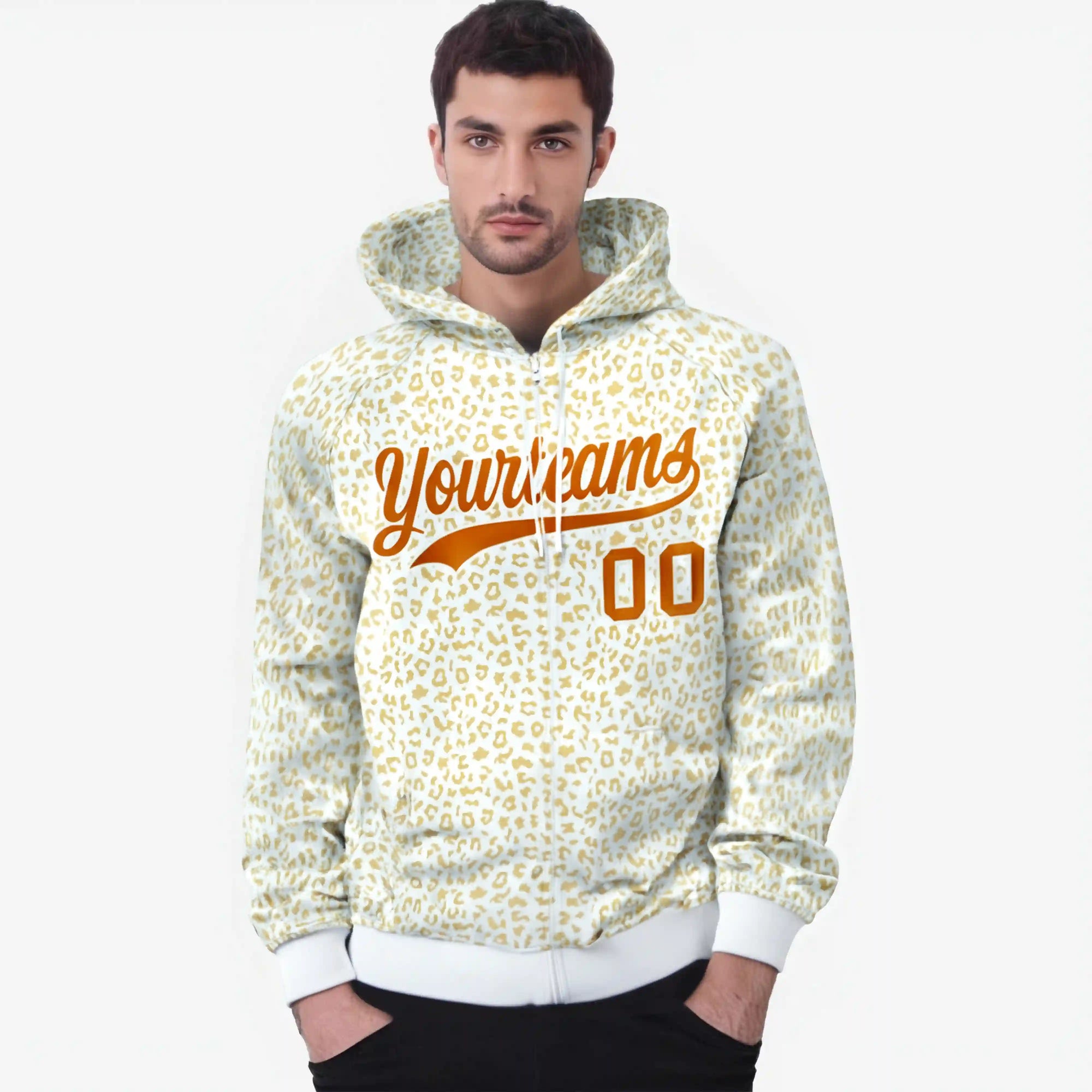 Custom White Yellow Varsity Full-Zip Letterman Leopard Print Hoodie Jacket