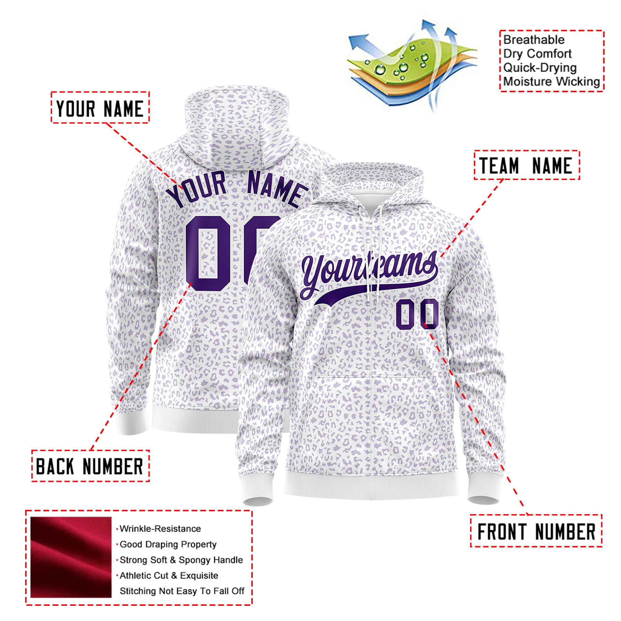 Custom White Purple Varsity Full-Zip Letterman Leopard Print Hoodie Jacket