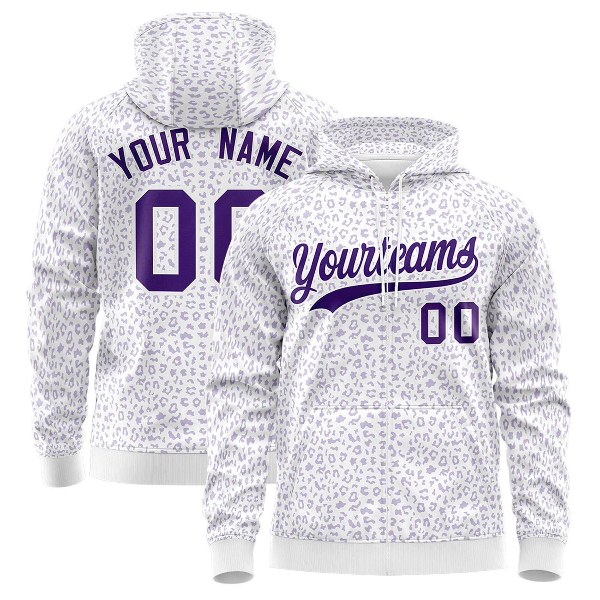 Custom White Purple Varsity Full-Zip Letterman Leopard Print Hoodie Jacket