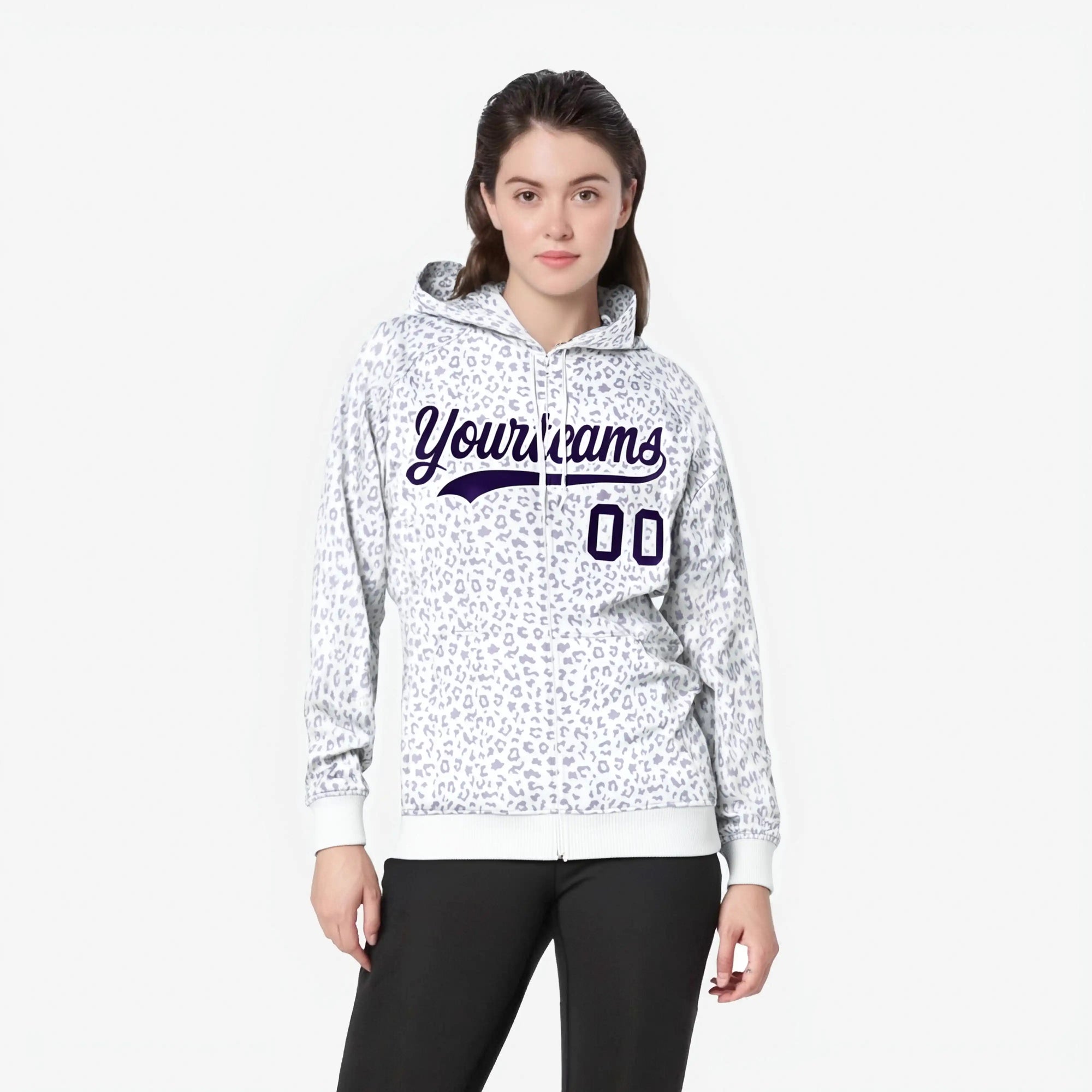 Custom White Purple Varsity Full-Zip Letterman Leopard Print Hoodie Jacket