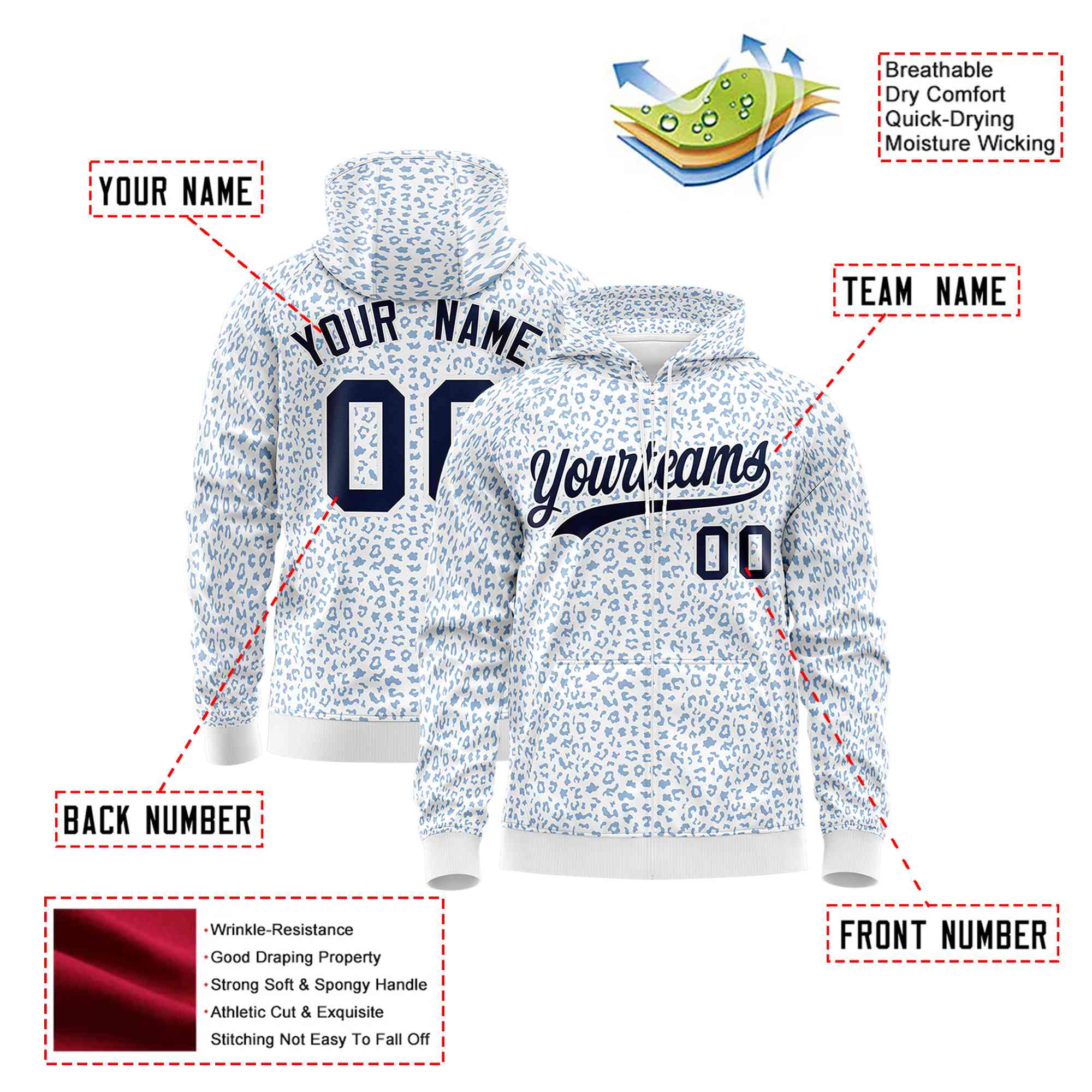 Custom White Navy Varsity Full-Zip Letterman Leopard Print Hoodie Jacket