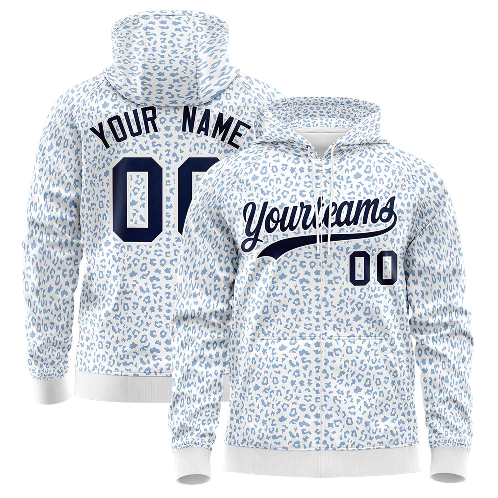 Custom White Navy Varsity Full-Zip Letterman Leopard Print Hoodie Jacket