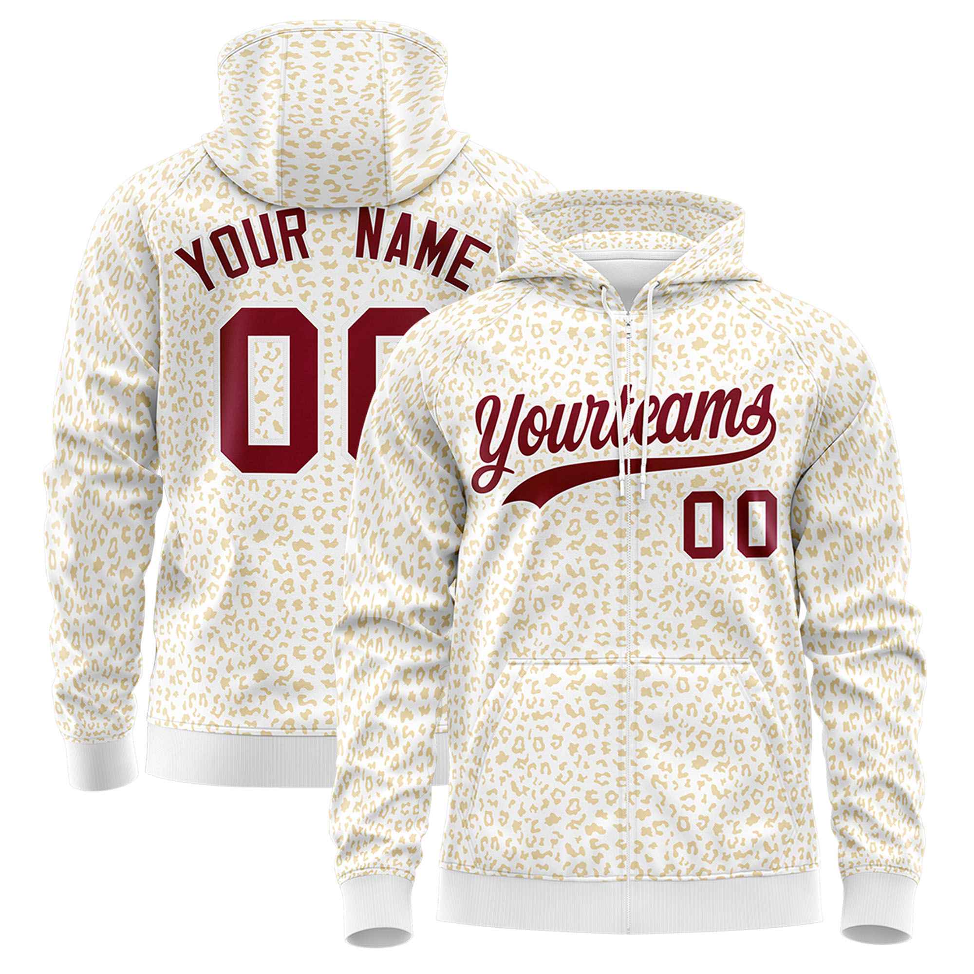 Custom White Khaki Varsity Full-Zip Letterman Leopard Print Hoodie Jacket