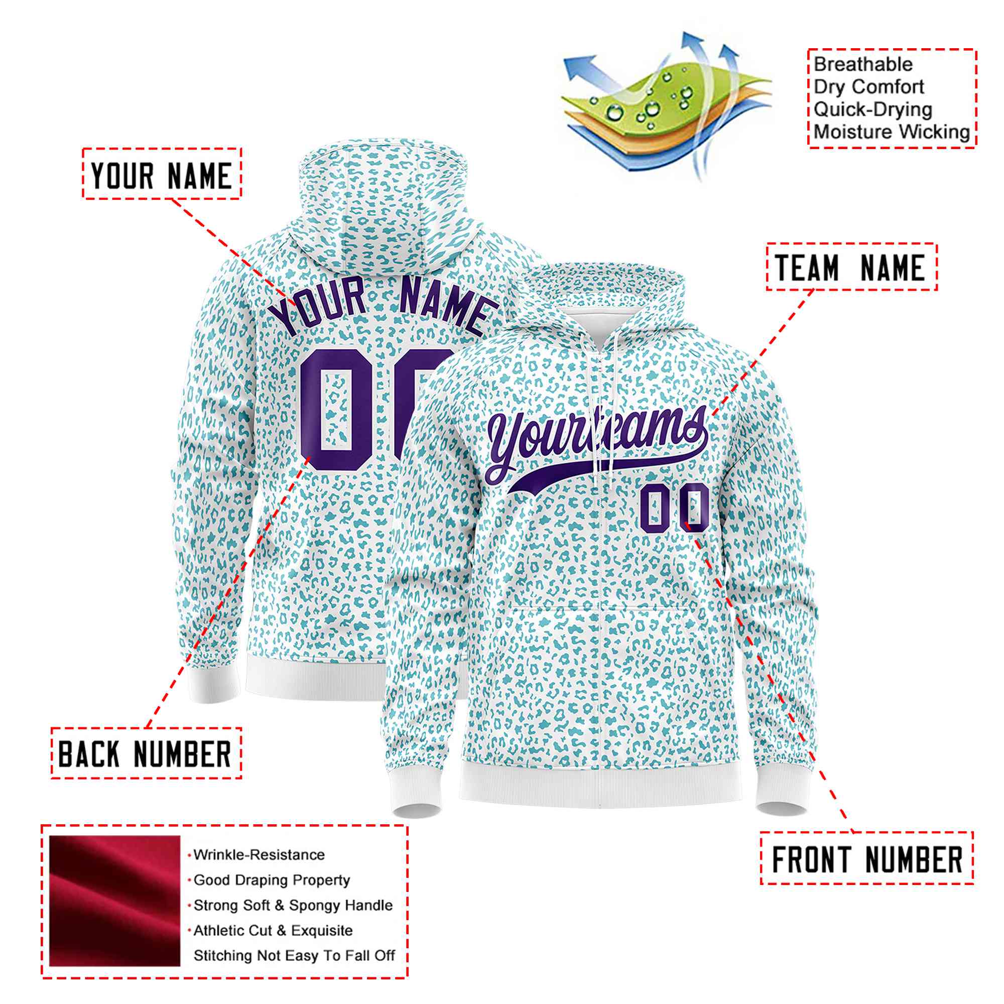 Custom White Aqua Varsity Full-Zip Letterman Leopard Print Hoodie Jacket