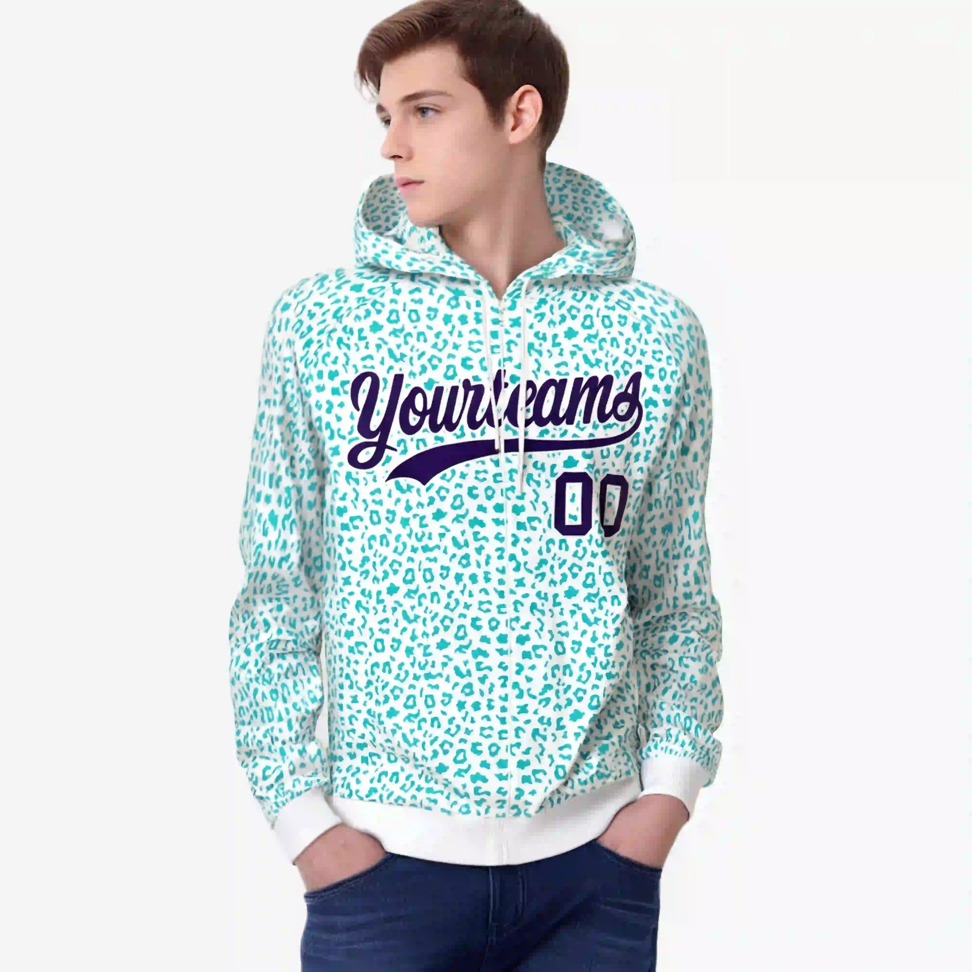 Custom White Aqua Varsity Full-Zip Letterman Leopard Print Hoodie Jacket