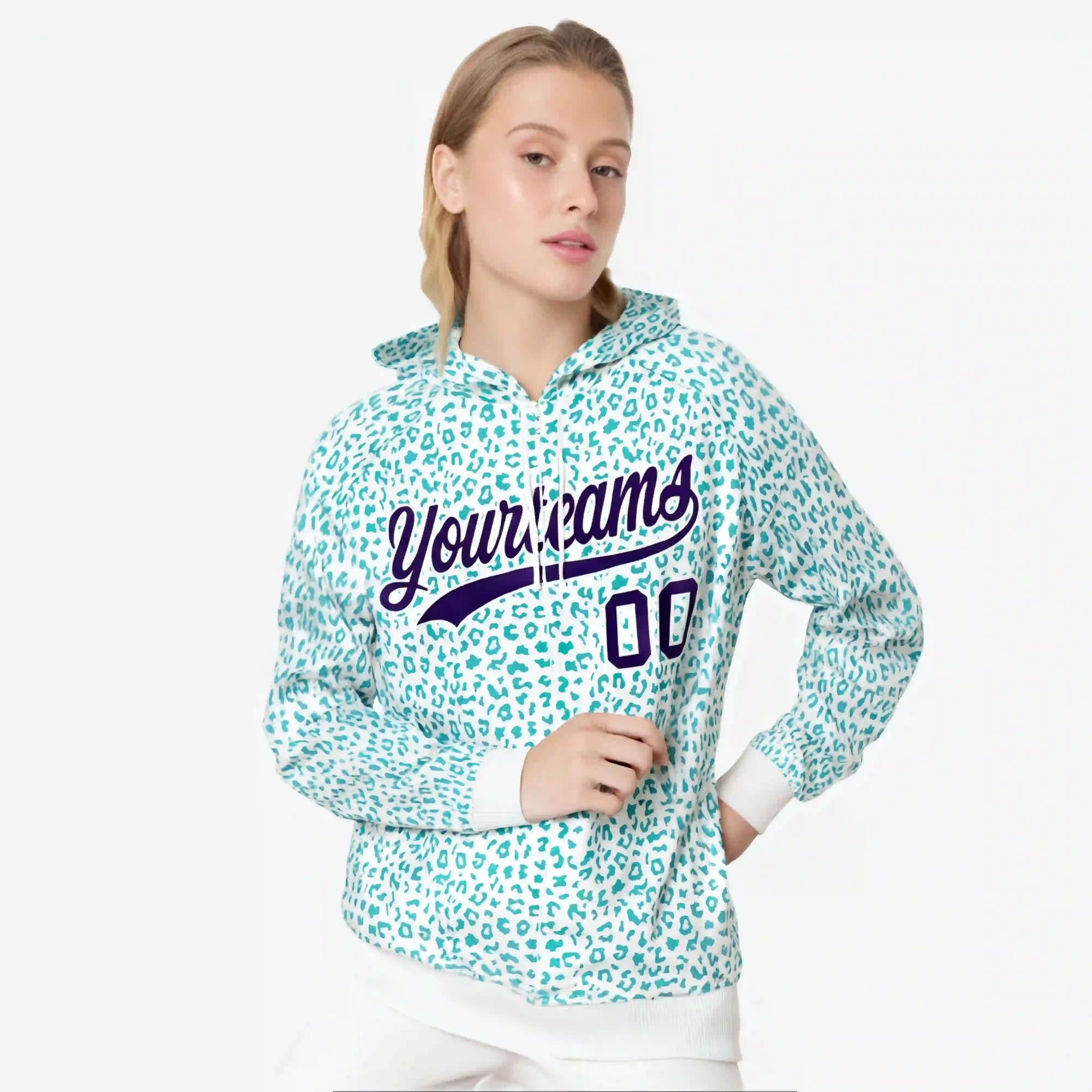 Custom White Aqua Varsity Full-Zip Letterman Leopard Print Hoodie Jacket