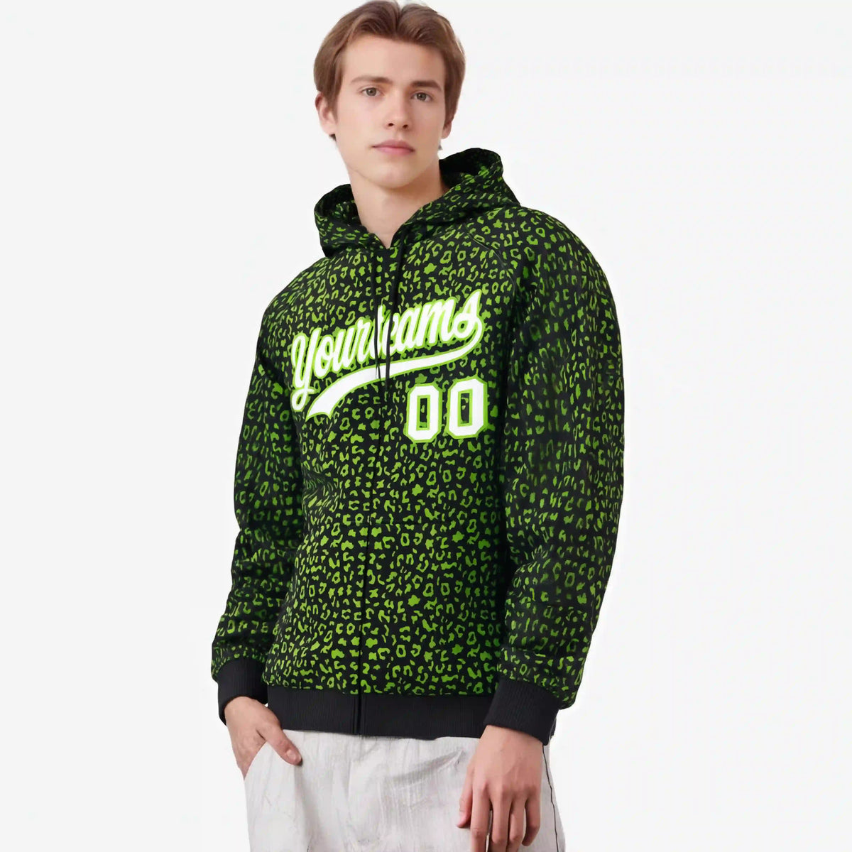 Custom Black Neon Green Varsity Full-Zip Letterman Leopard Print Hoodie Jacket
