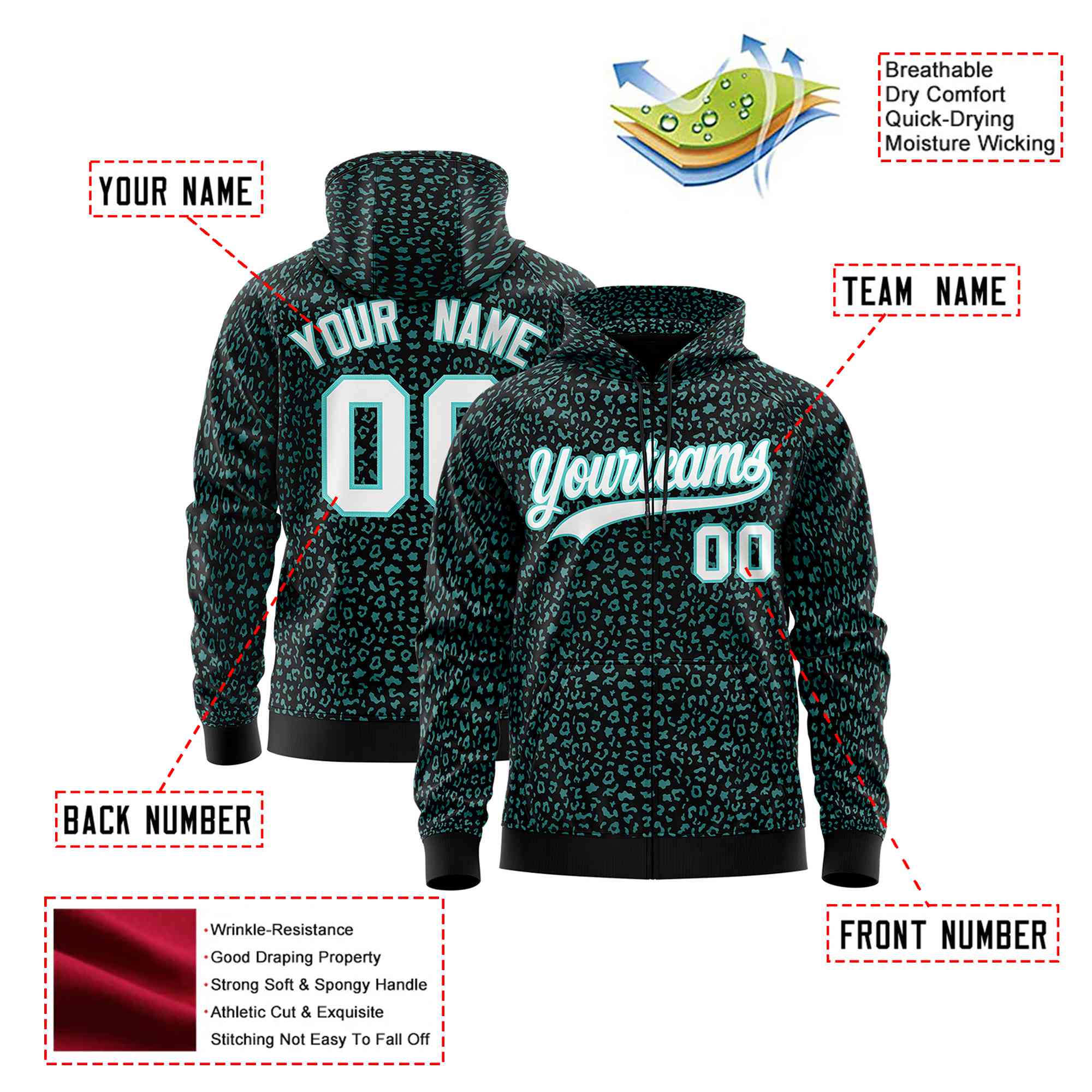 Custom Black Aqua Varsity Full-Zip Letterman Leopard Print Hoodie Jacket