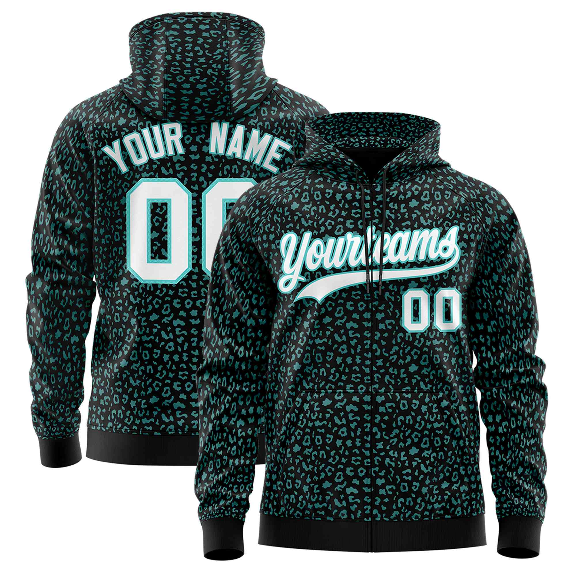 Custom Black Aqua Varsity Full-Zip Letterman Leopard Print Hoodie Jacket