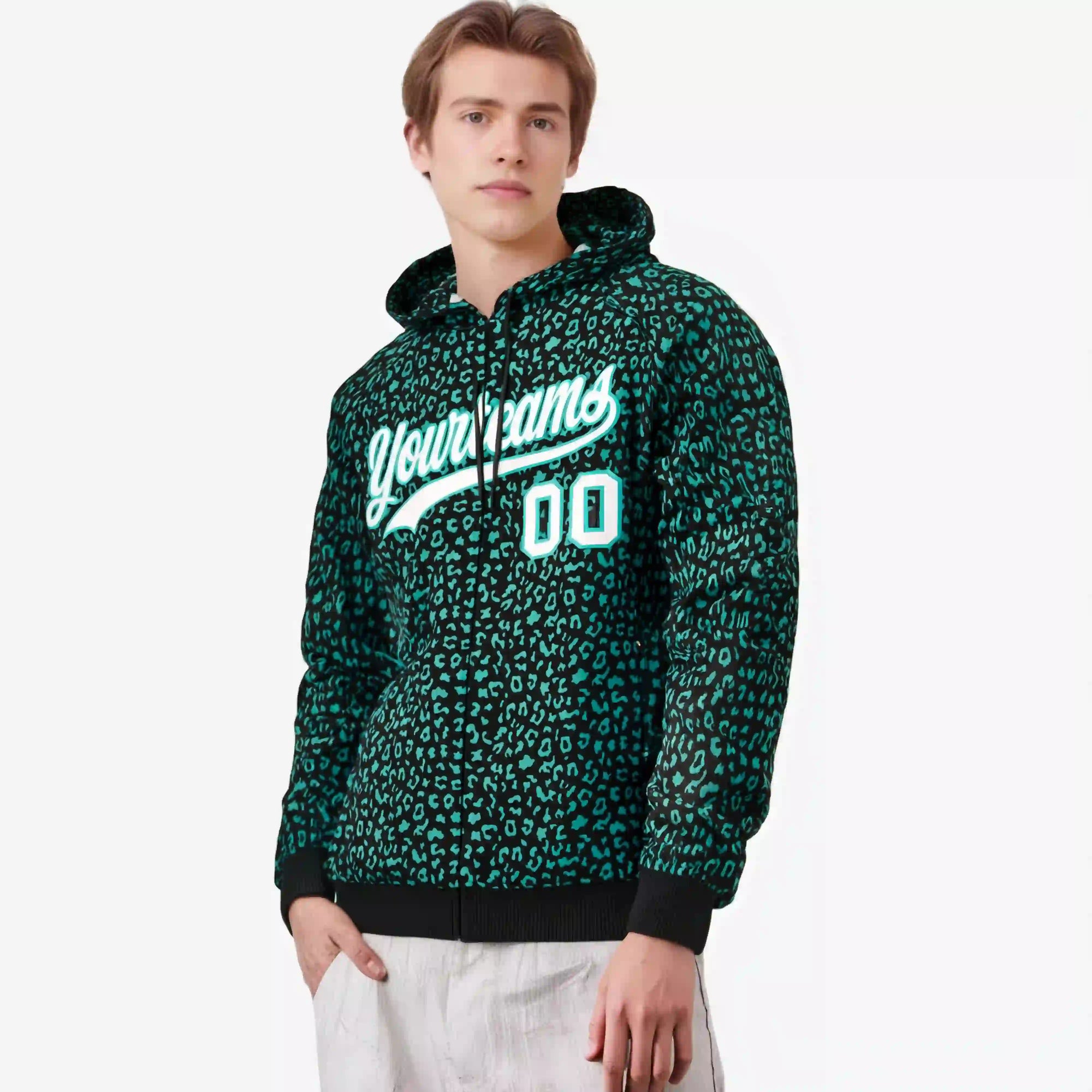 Custom Black Aqua Varsity Full-Zip Letterman Leopard Print Hoodie Jacket