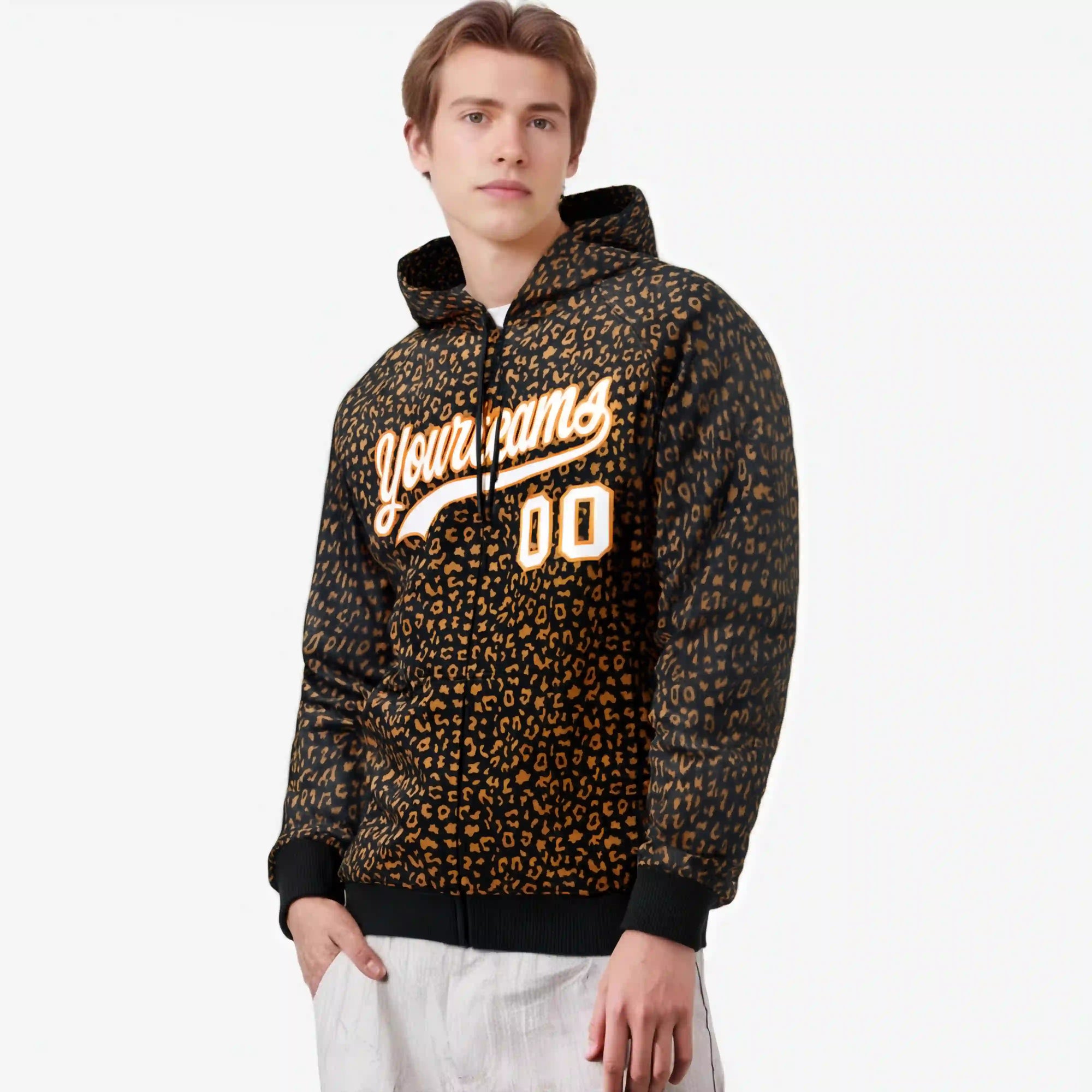 Custom Black Orange Varsity Full-Zip Letterman Leopard Print Hoodie Jacket