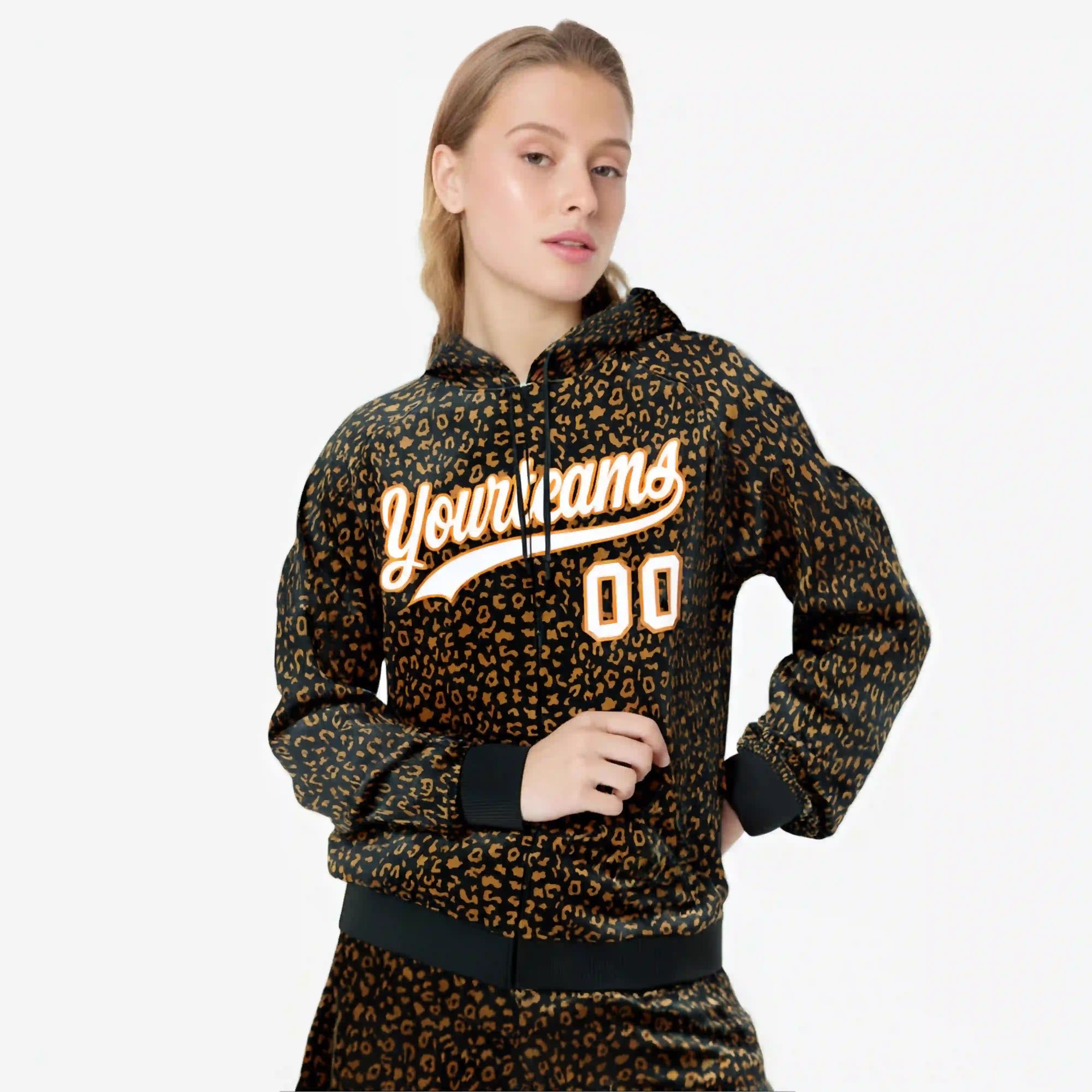 Custom Black Orange Varsity Full-Zip Letterman Leopard Print Hoodie Jacket