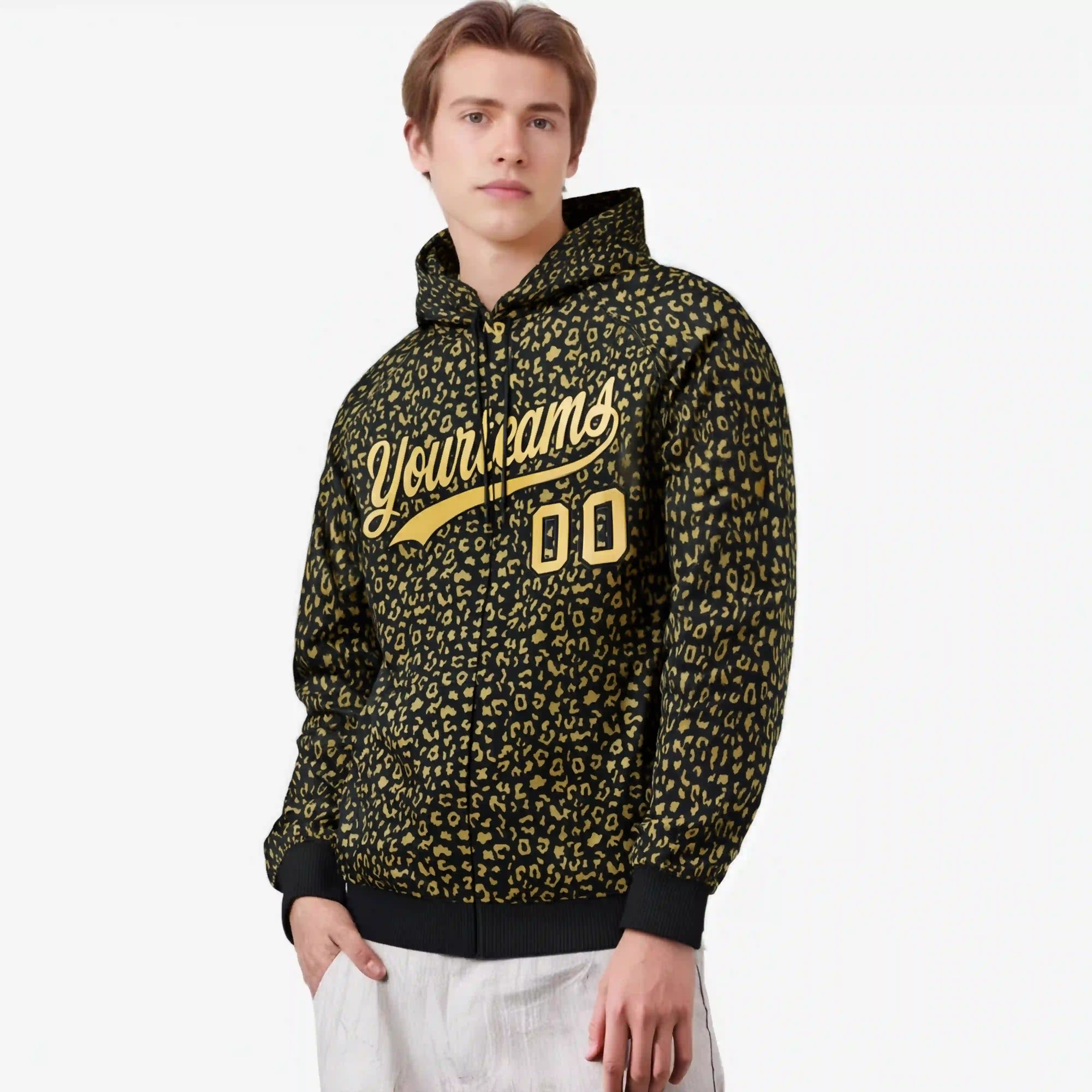 Custom Black Old Gold Varsity Full-Zip Letterman Leopard Print Hoodie Jacket