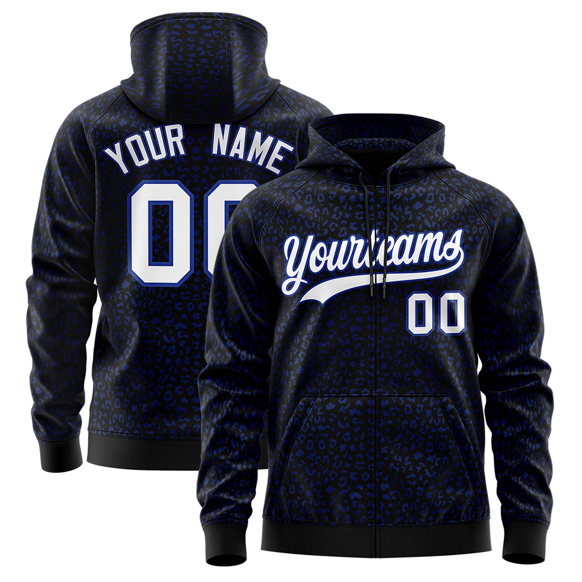 Custom Black Royal Blue Varsity Full-Zip Letterman Leopard Print Hoodie Jacket