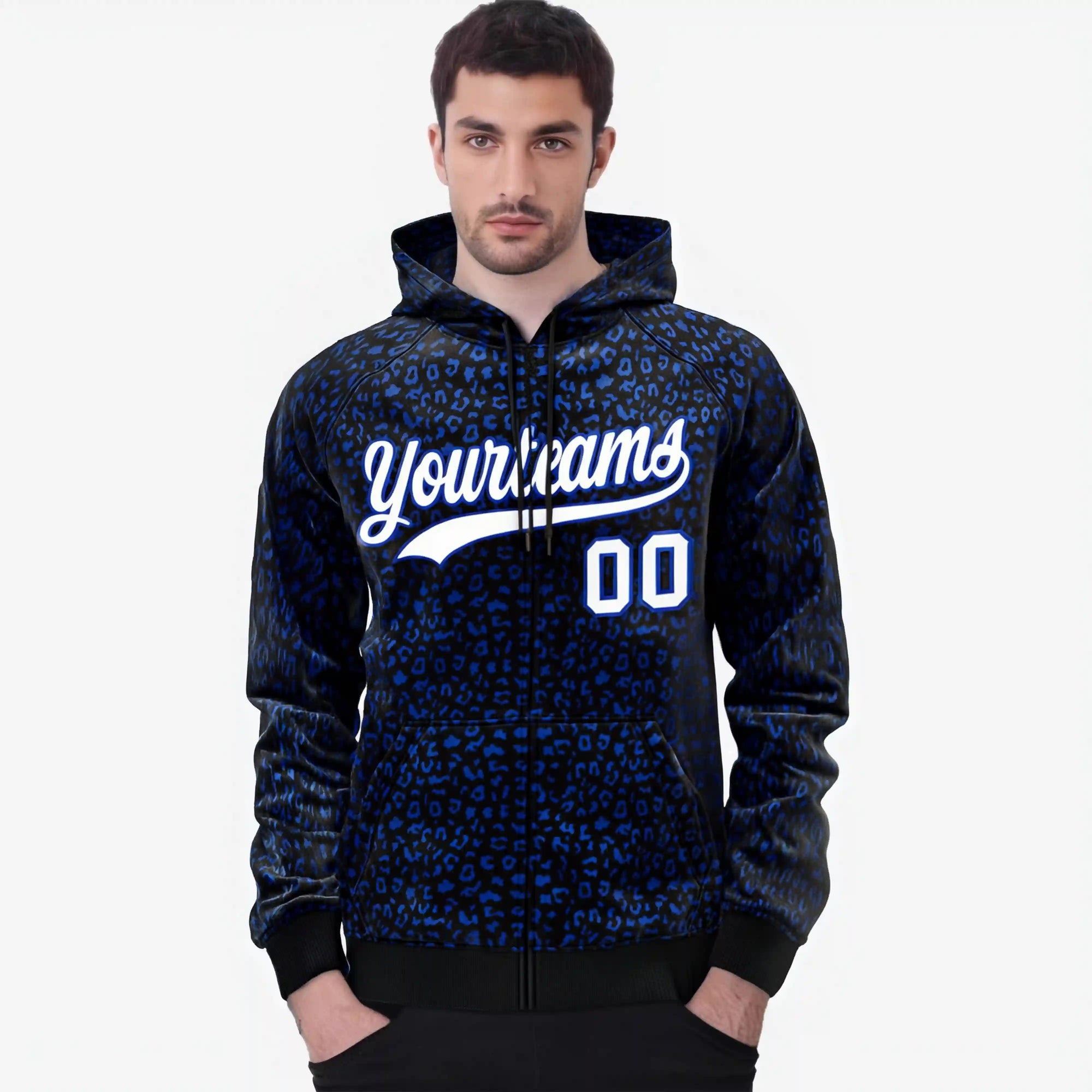 Custom Black Royal Blue Varsity Full-Zip Letterman Leopard Print Hoodie Jacket