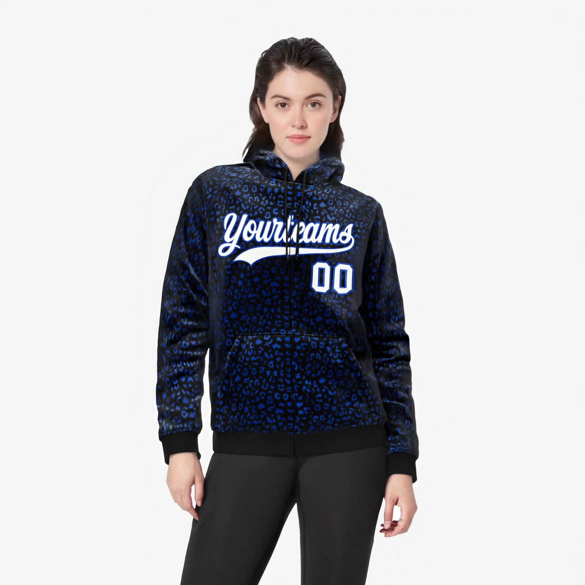 Custom Black Royal Blue Varsity Full-Zip Letterman Leopard Print Hoodie Jacket