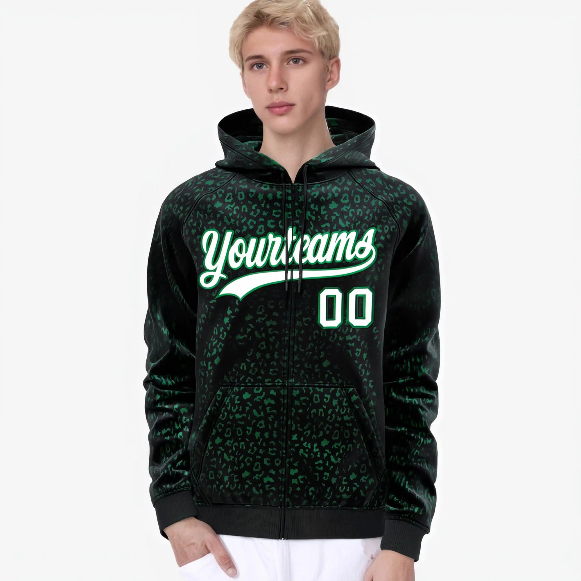 Custom Black Kelly Green Varsity Full-Zip Letterman Leopard Print Hoodie Jacket