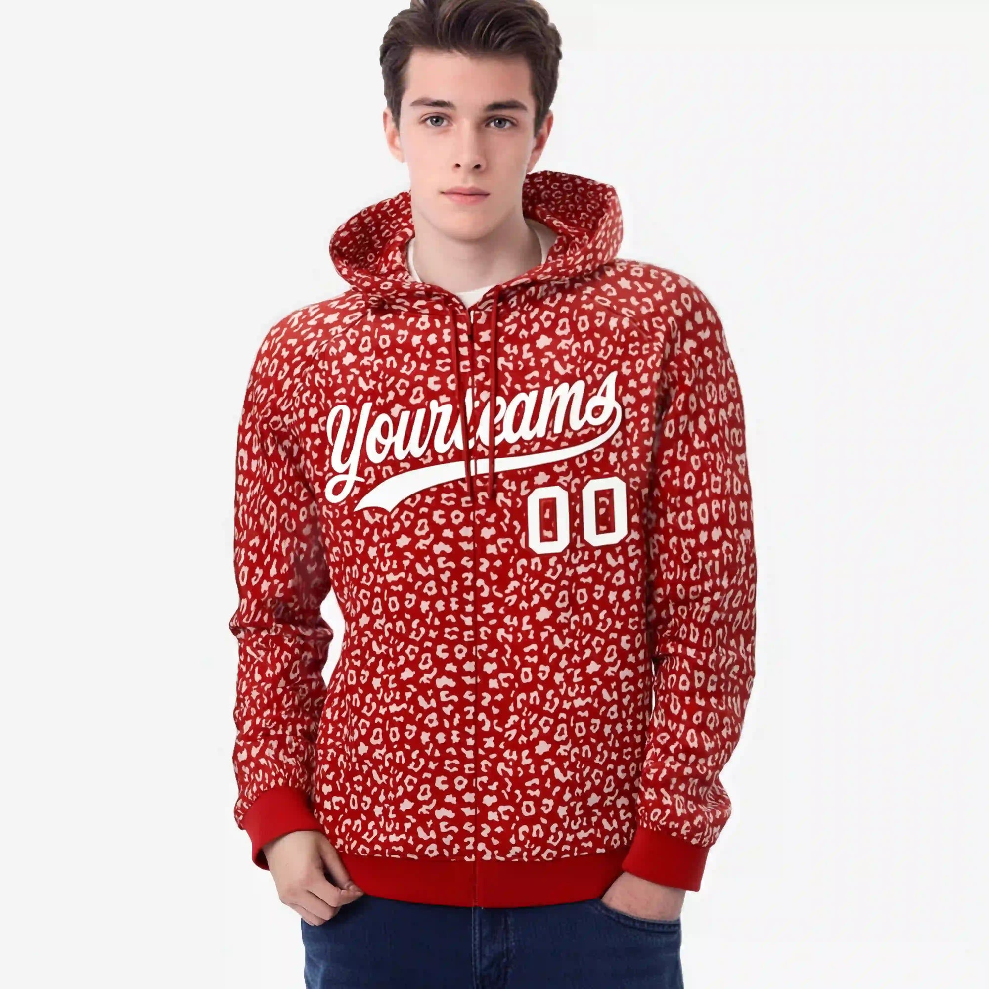 Custom Red White Varsity Full-Zip Letterman Leopard Print Hoodie Jacket