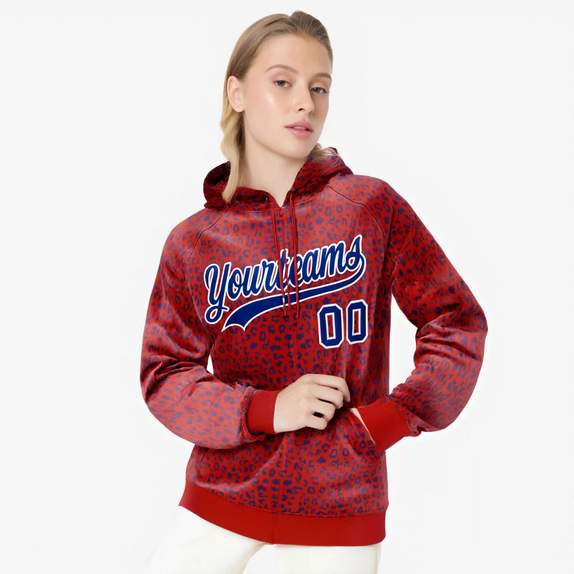 Custom Red Royal Blue Varsity Full-Zip Letterman Leopard Print Hoodie Jacket