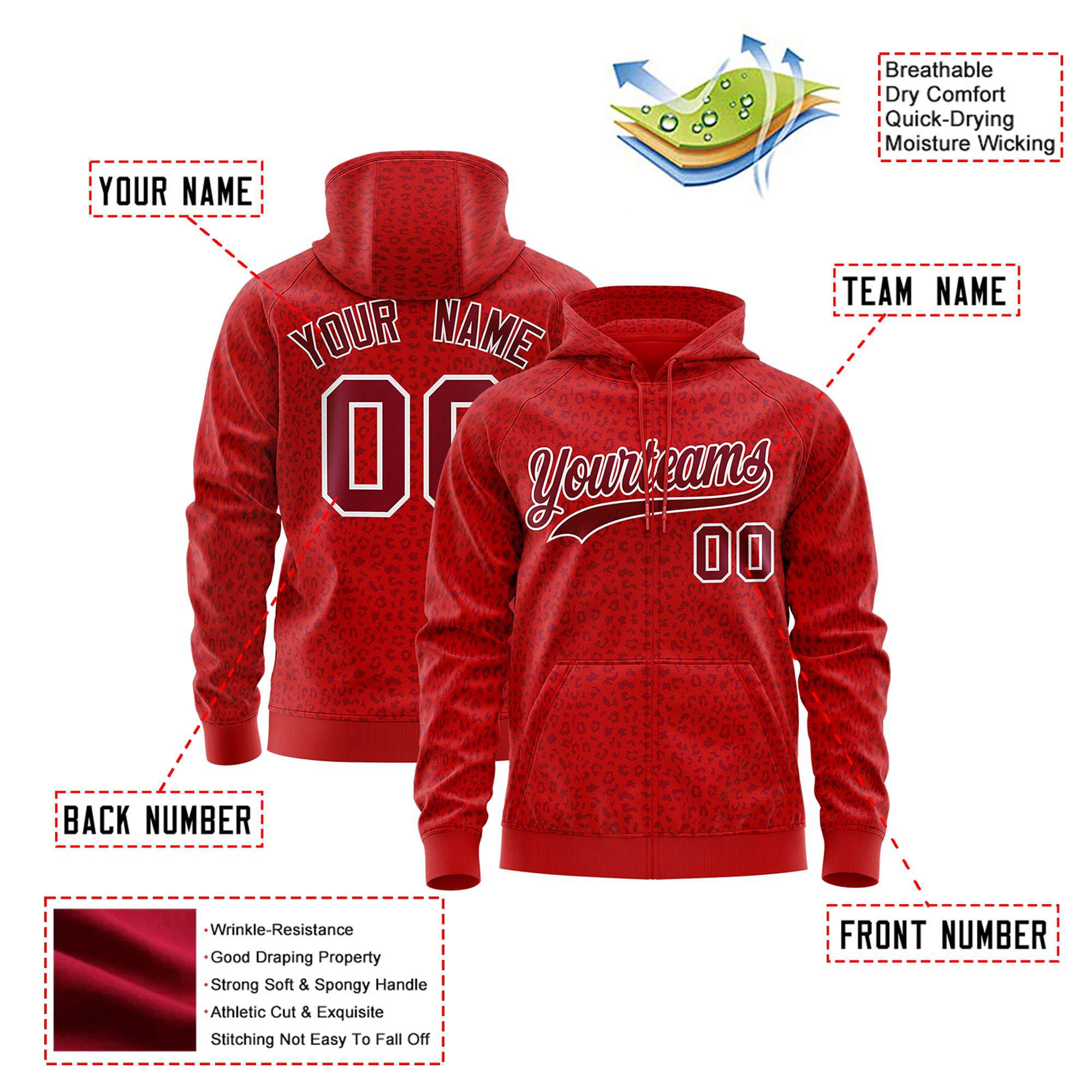 Custom Red Crimson Varsity Full-Zip Letterman Leopard Print Hoodie Jacket