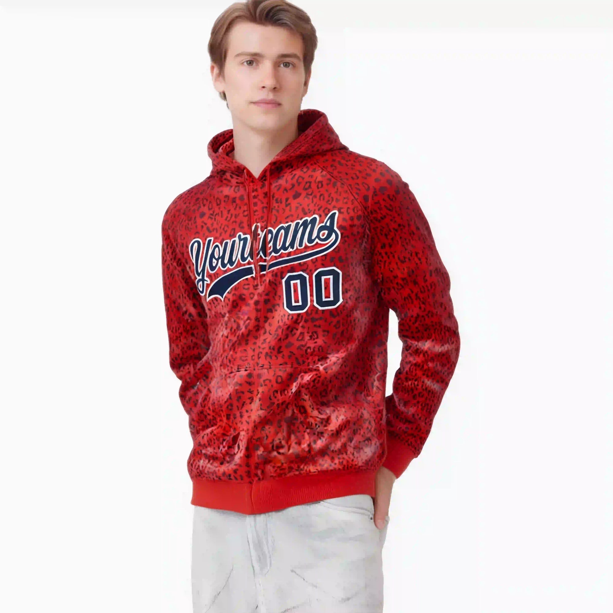 Custom Red Navy Varsity Full-Zip Letterman Leopard Print Hoodie Jacket