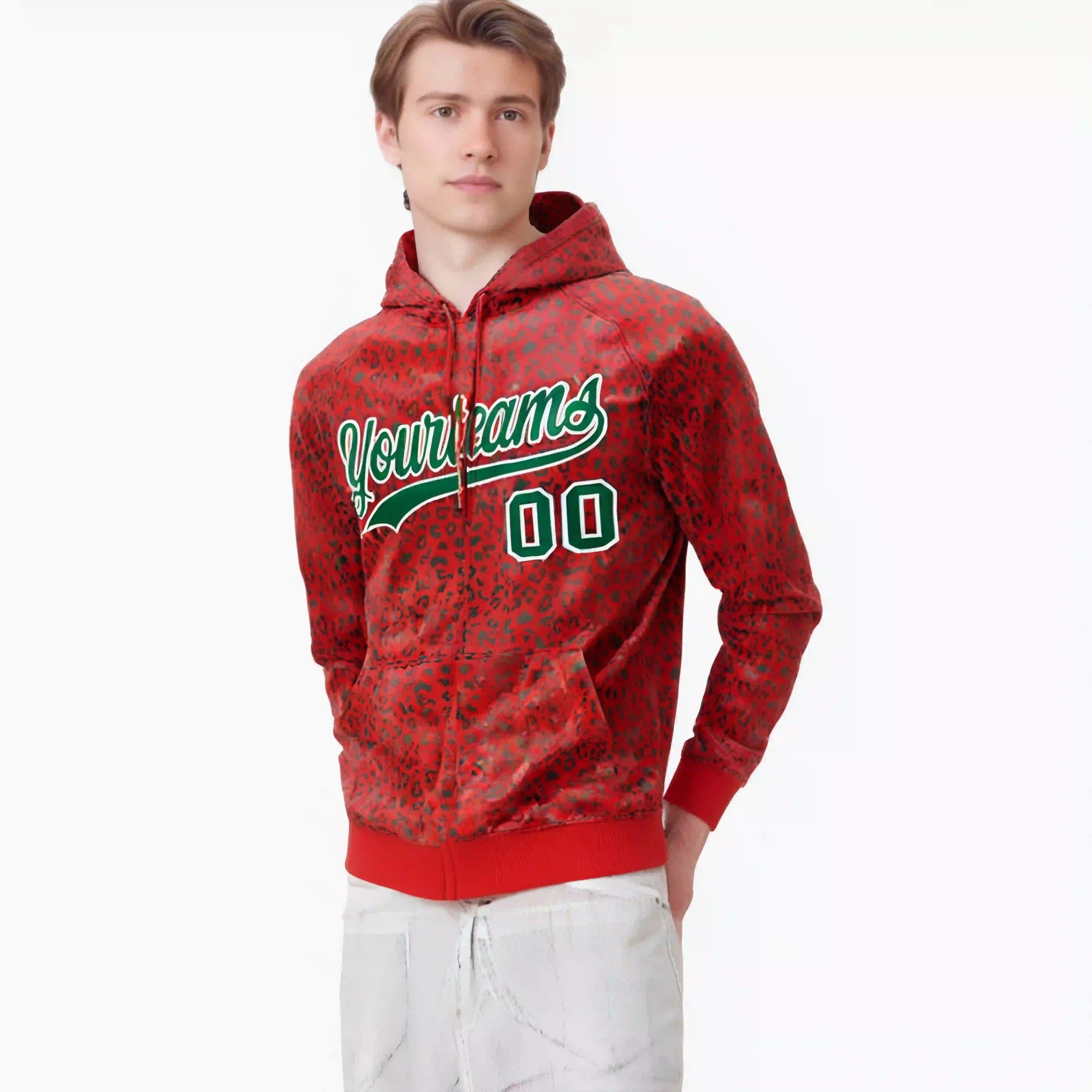 Custom Red Kelly Green Varsity Full-Zip Letterman Leopard Print Hoodie Jacket