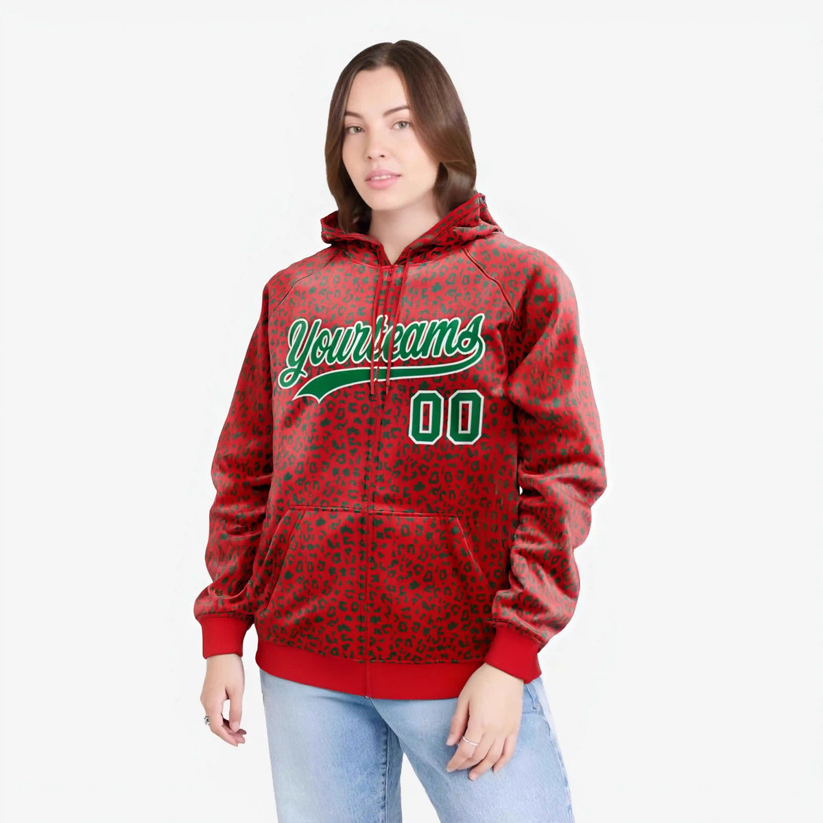 Custom Red Kelly Green Varsity Full-Zip Letterman Leopard Print Hoodie Jacket