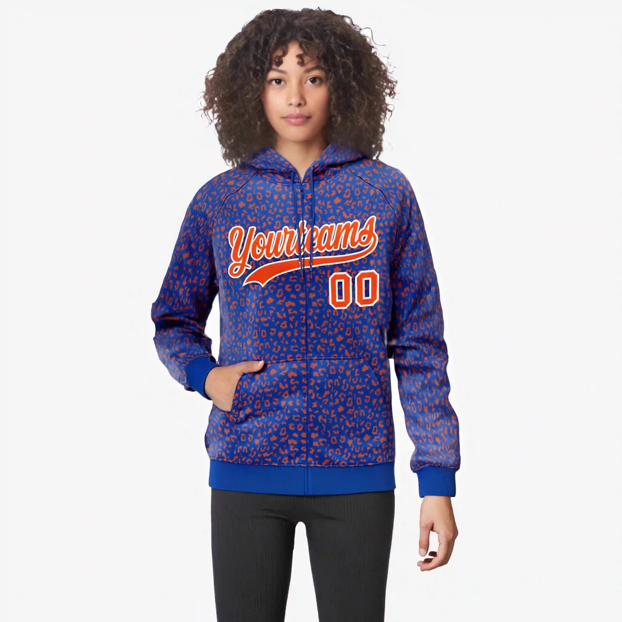 Custom Royal Blue Orange Varsity Full-Zip Letterman Leopard Print Hoodie Jacket